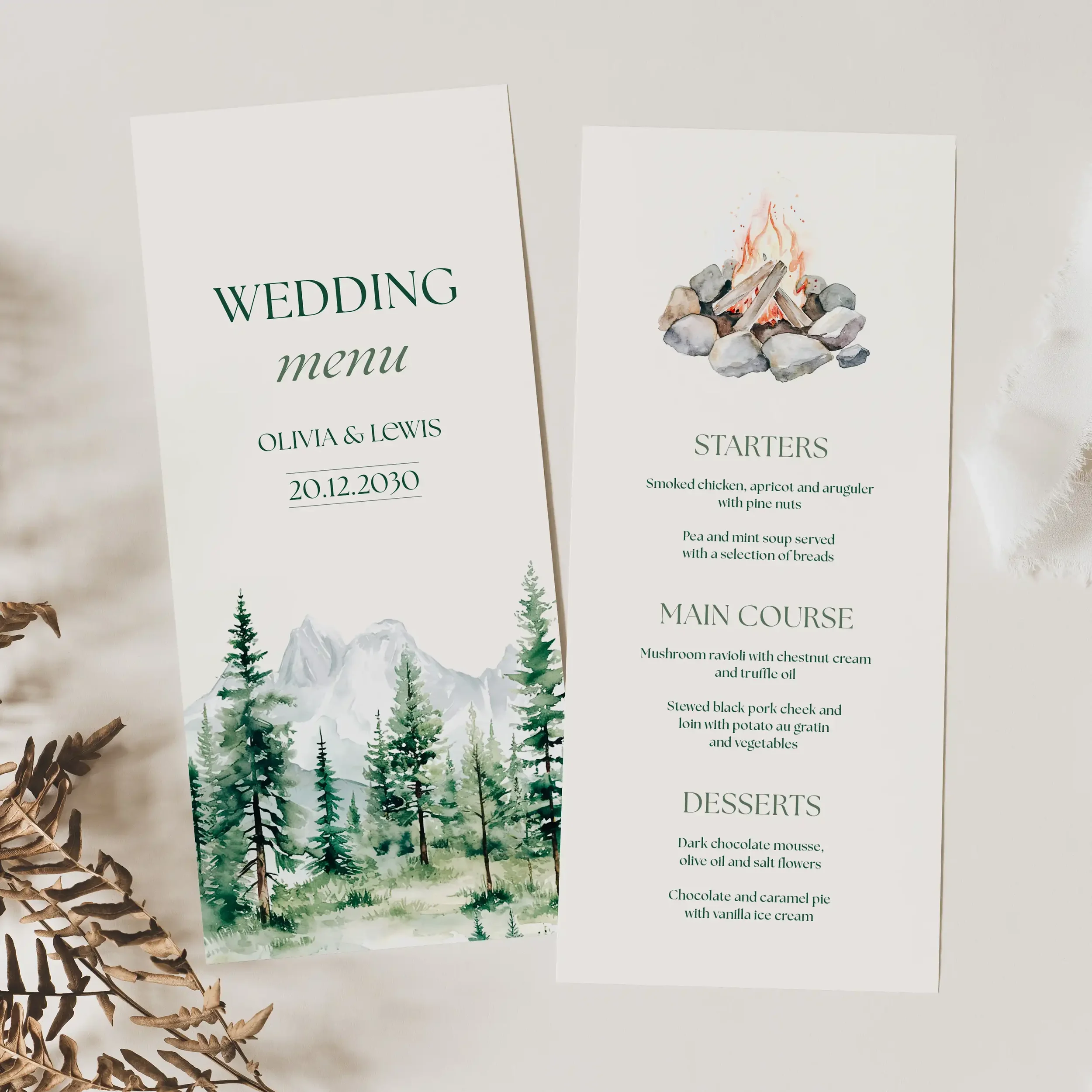Front and back of the Adventure Wedding Menu showing mountains and woodland design with campfire on reverse.