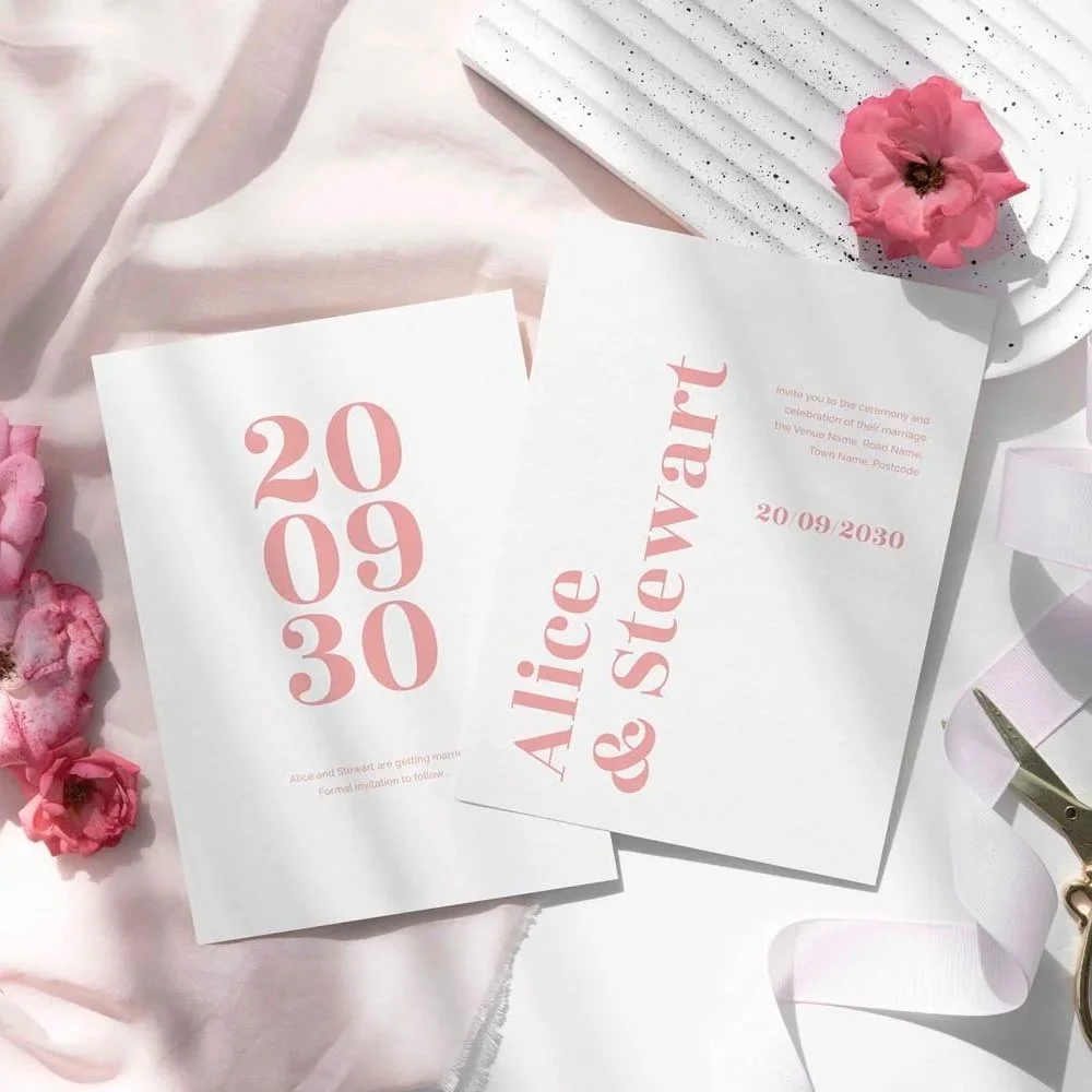Blush Pink Typography Save the Date and Flat Wedding Invitation