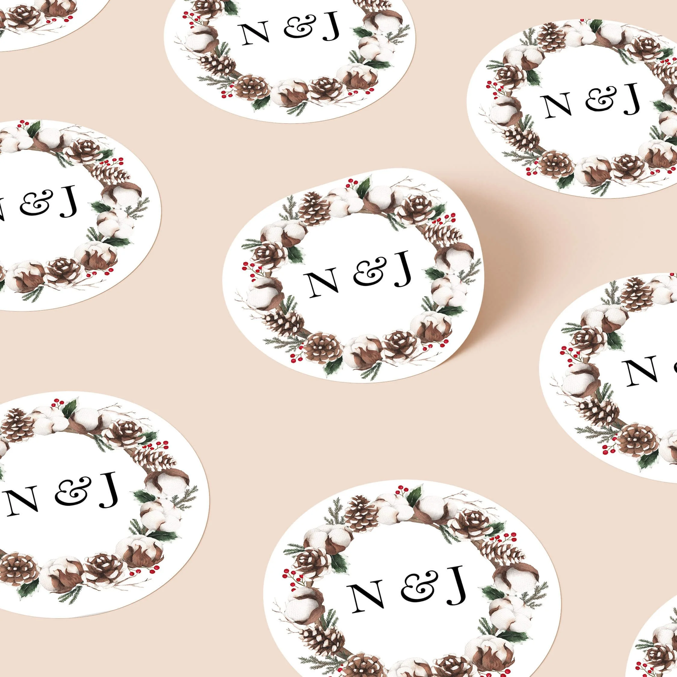 Woodland personalised wedding stickers with pine cone cotton stem and berry wreath design on round stickers