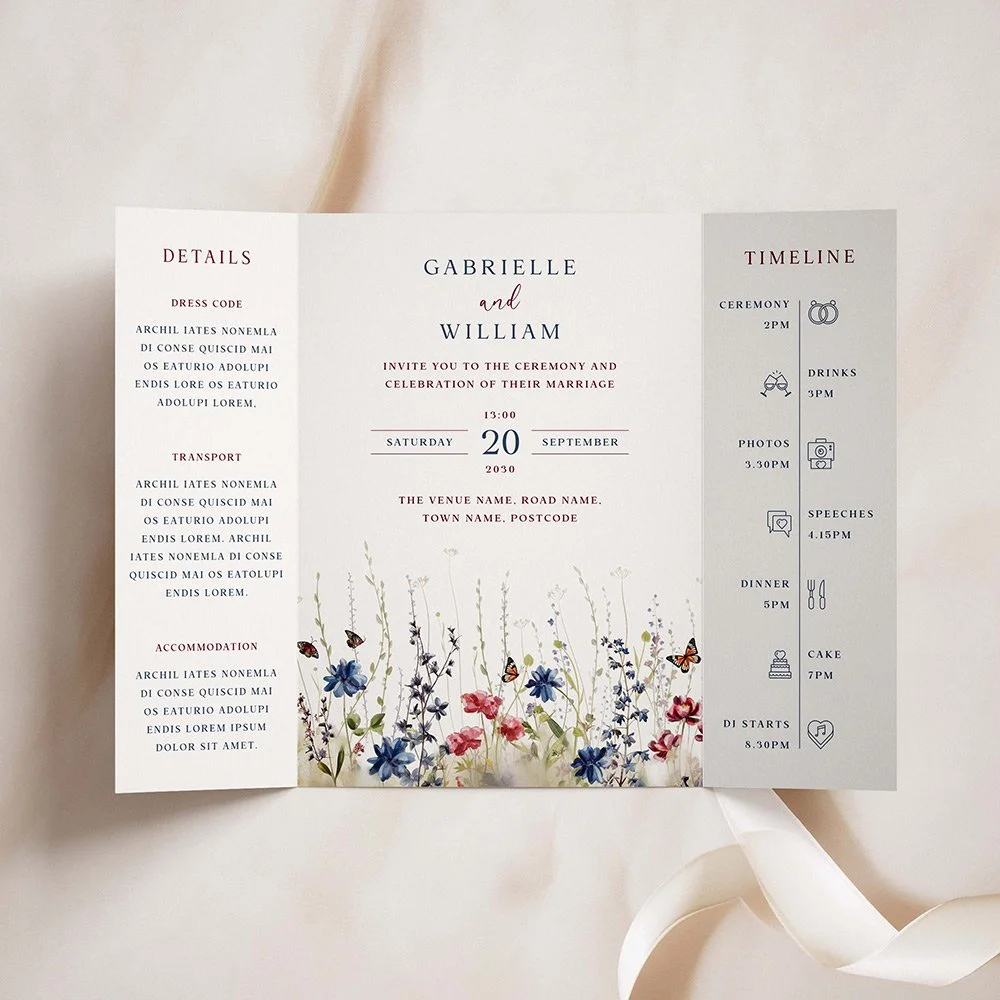 Navy and Red Wildflower Gatefold Wedding Invites