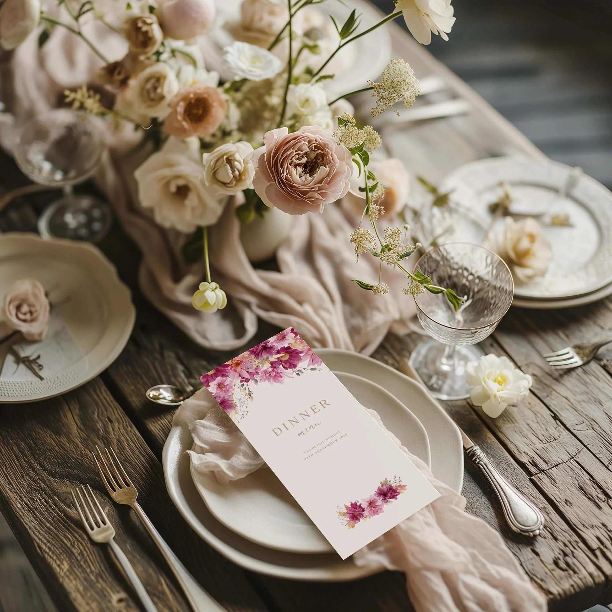 Pink Chrysanthemum wedding menu card styled on a wedding table setting with tableware and décor