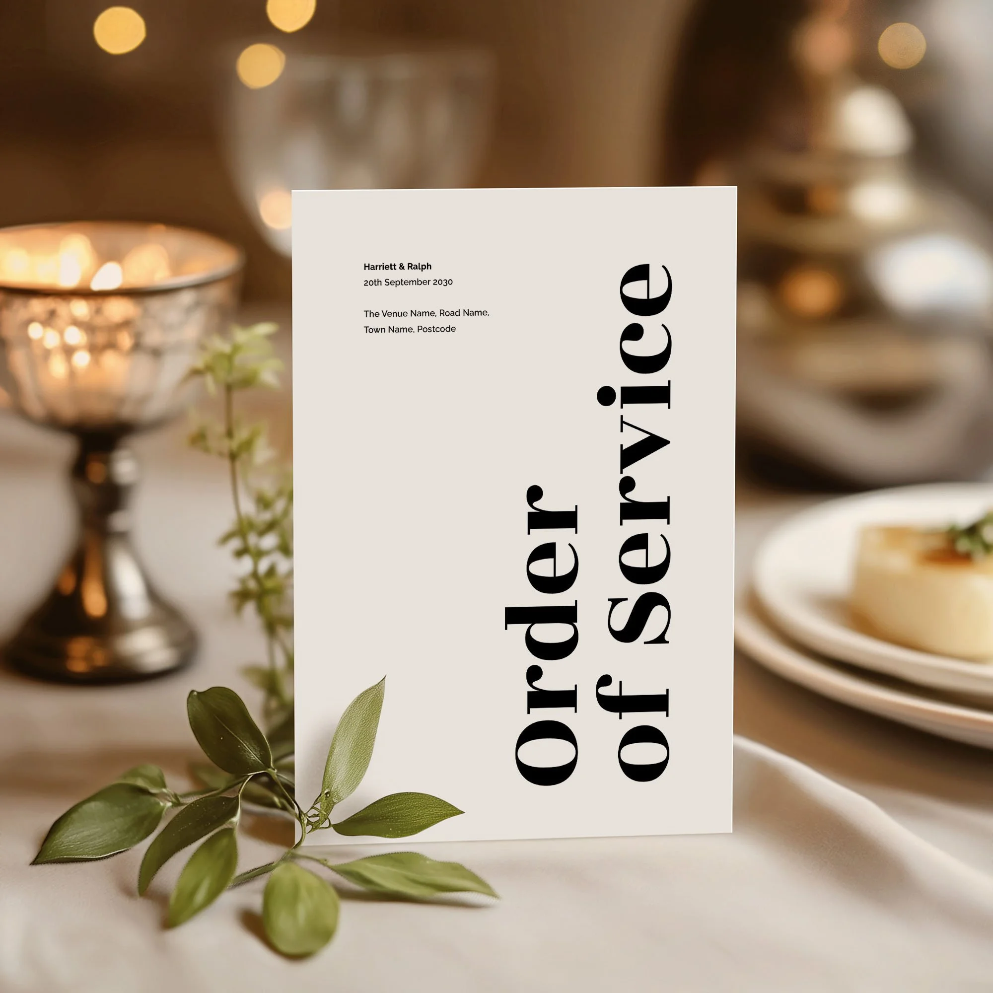 Typography design wedding order of service standing upright on a wedding day