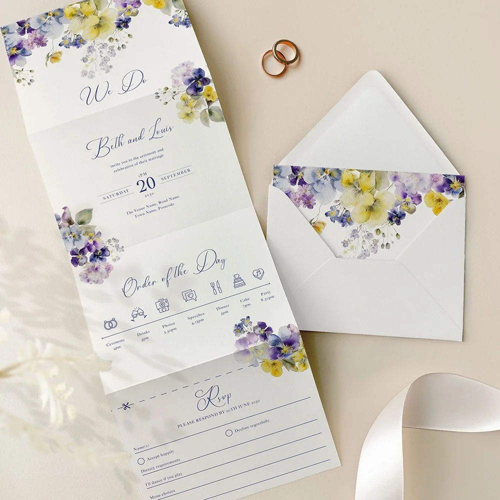 Violet and Yellow Floral Concertina Wedding Invites