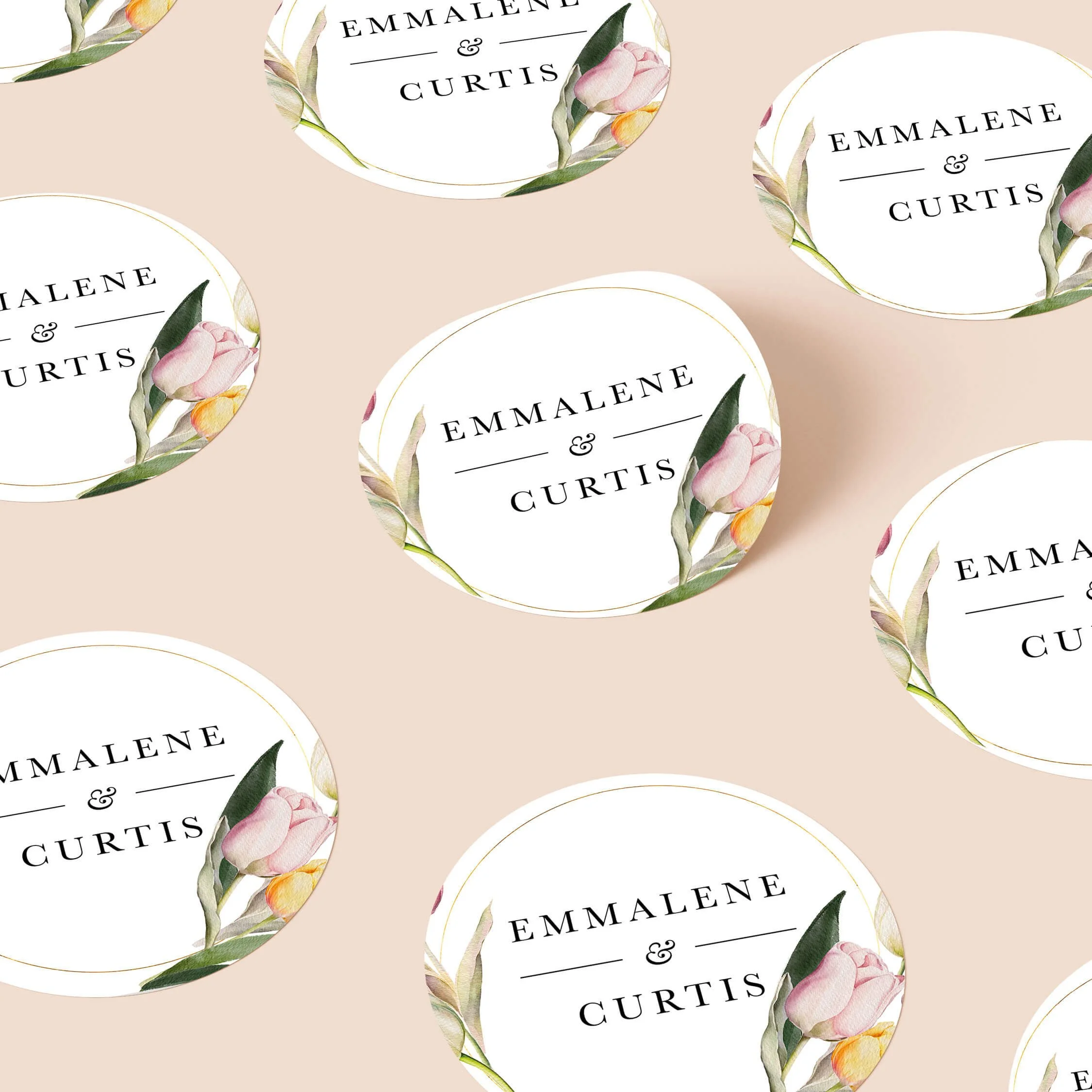 Tulip themed personalised wedding sticker with tulip flowers and elegant names on round stickers