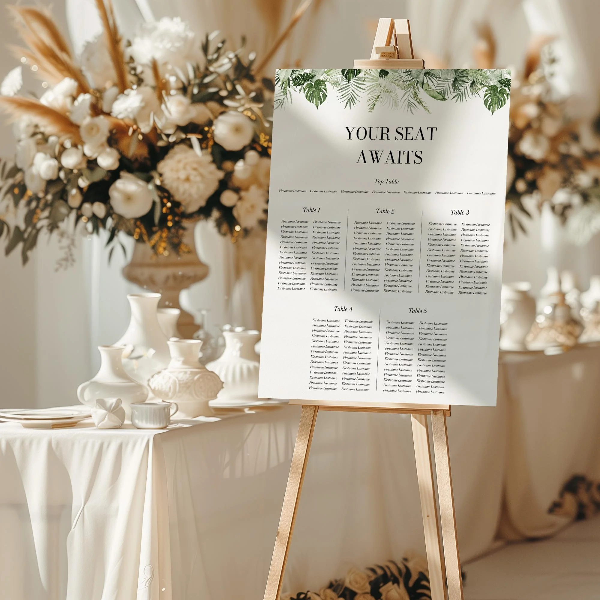 Tropical Leaves wedding seating chart sign styled at a reception