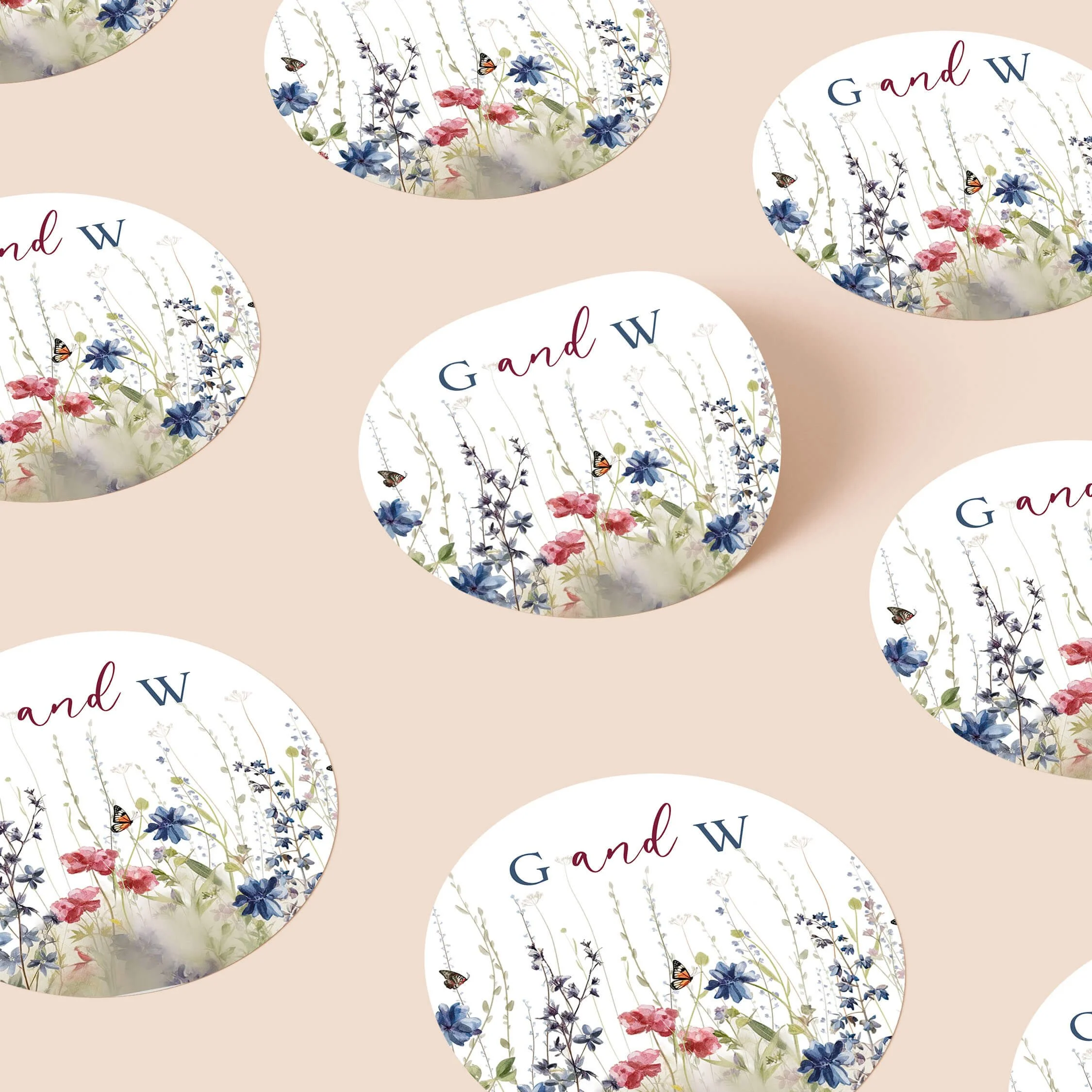 Field Navy personalised wedding sticker with blue wildflower meadow floral design and elegant initials on round sticker