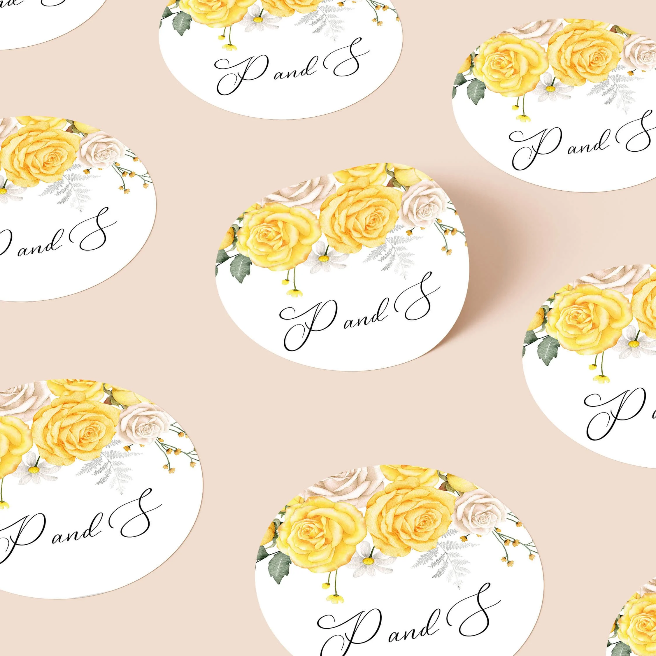 Summer Rose personalised wedding stickers with yellow and cream watercolour rose design on round stickers