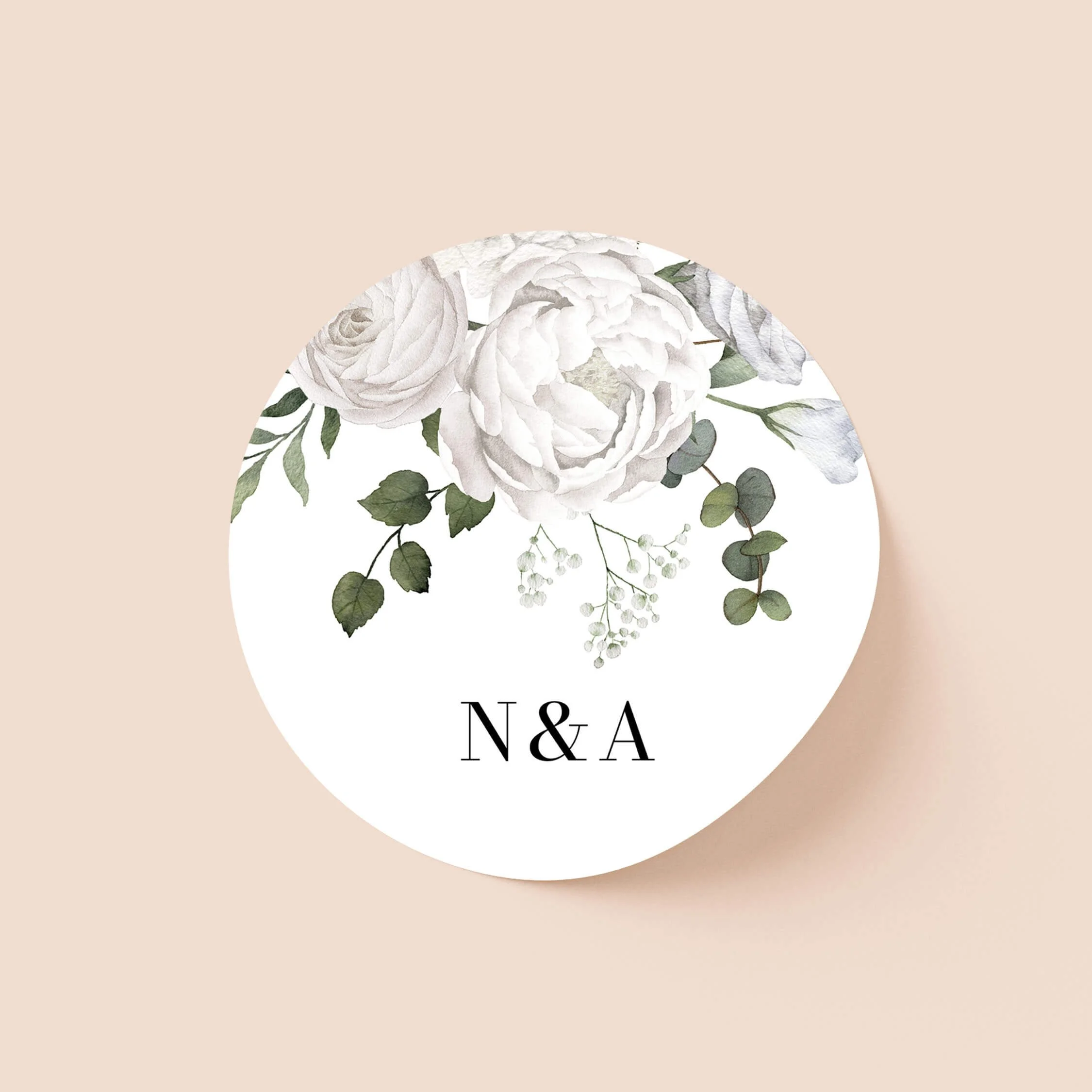 White Floral personalised wedding sticker with white peony rose and eucalyptus illustration and serif initials on round sticker