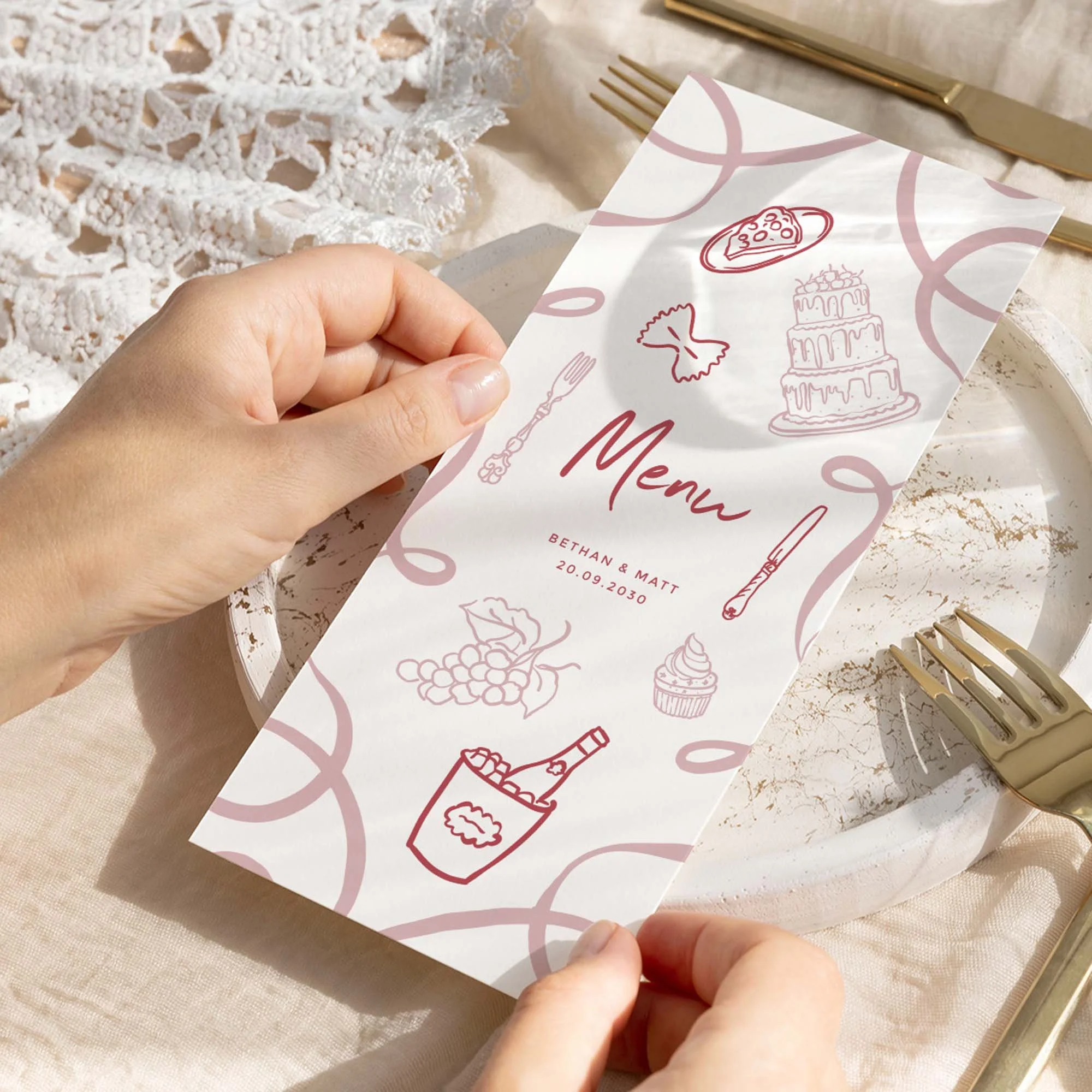 Hand holding Pink Hand Drawn Playful wedding menu card showing size and printed design details