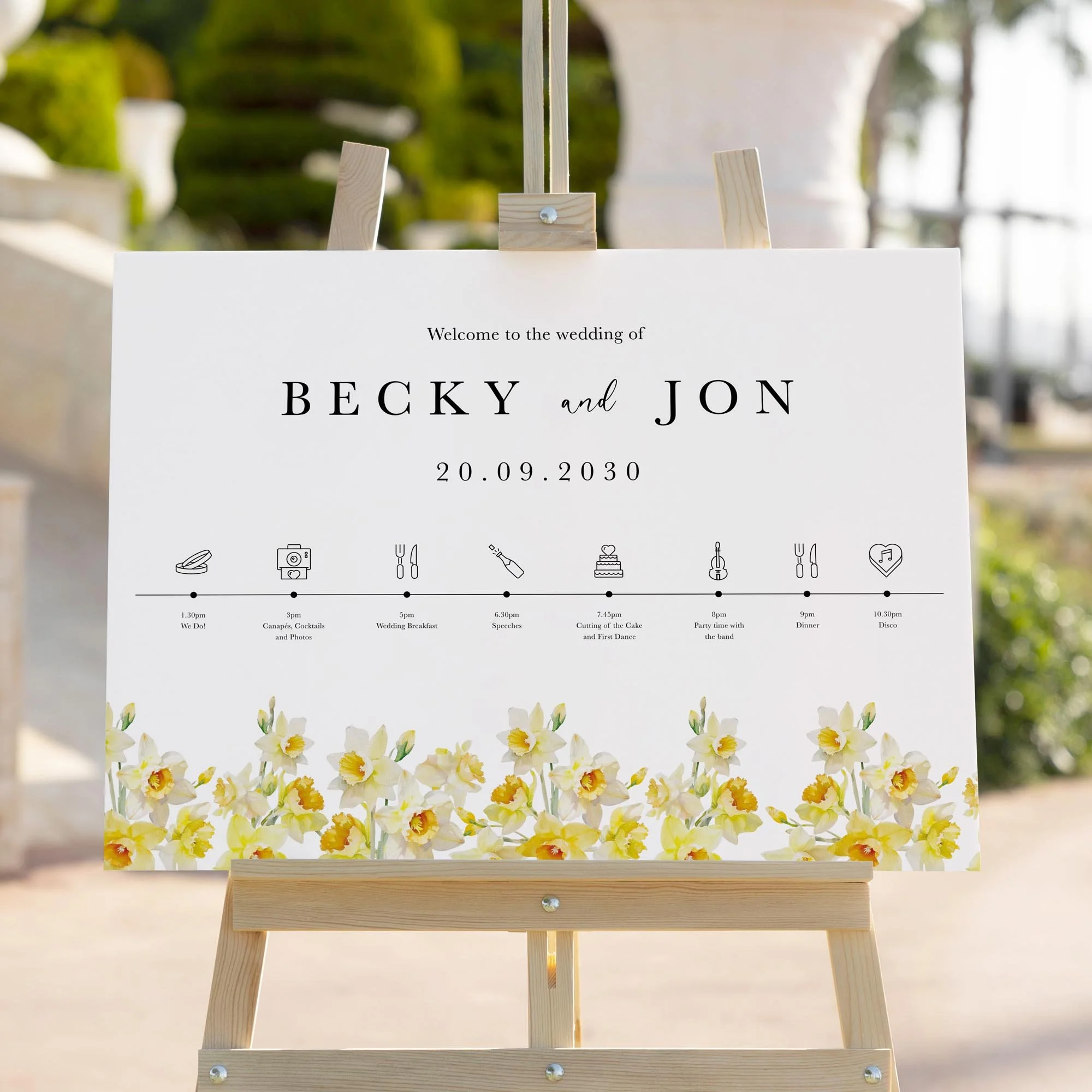 Daffodil wedding welcome sign styled outdoors close-up