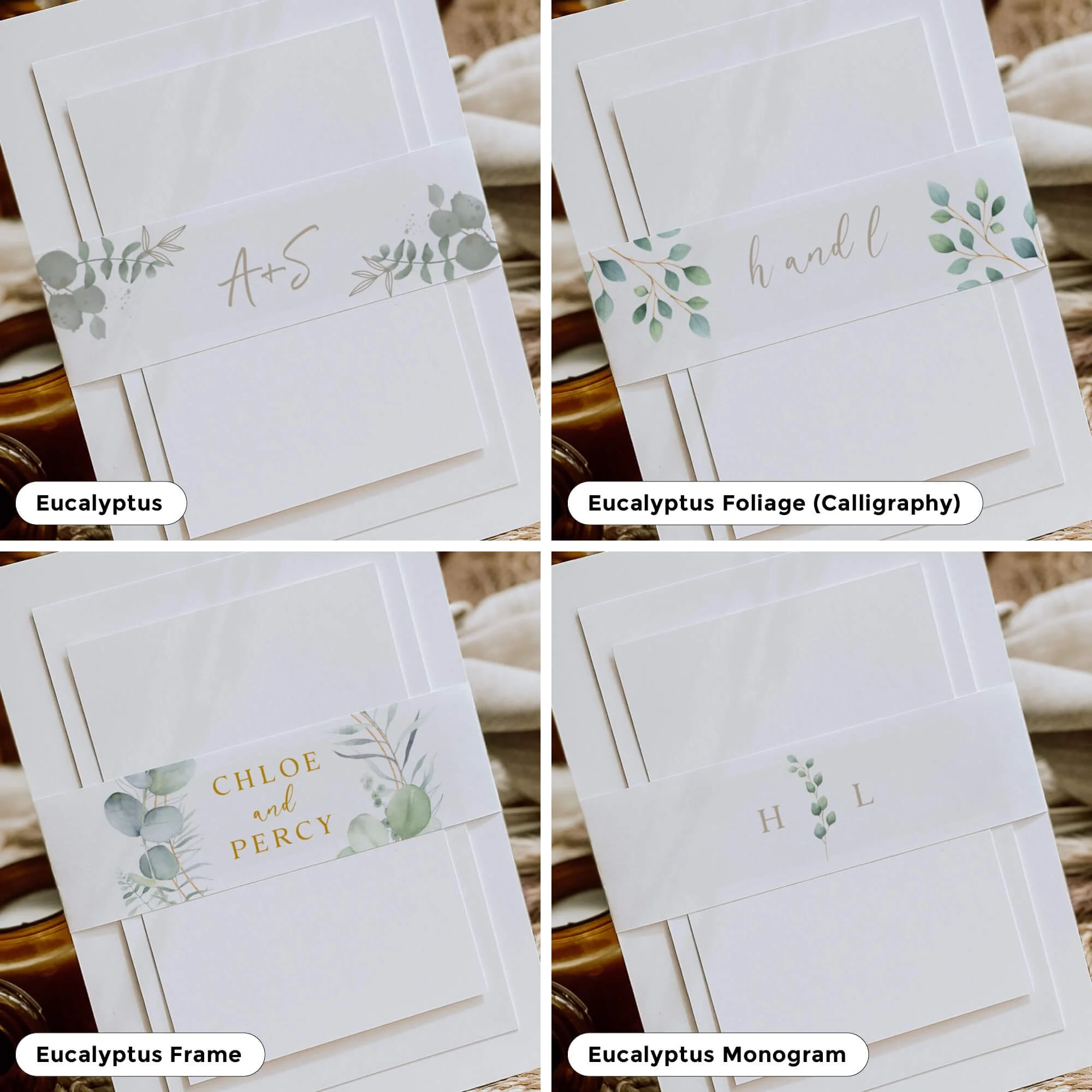 Collection of personalised wedding belly bands in a variety of elegant designs