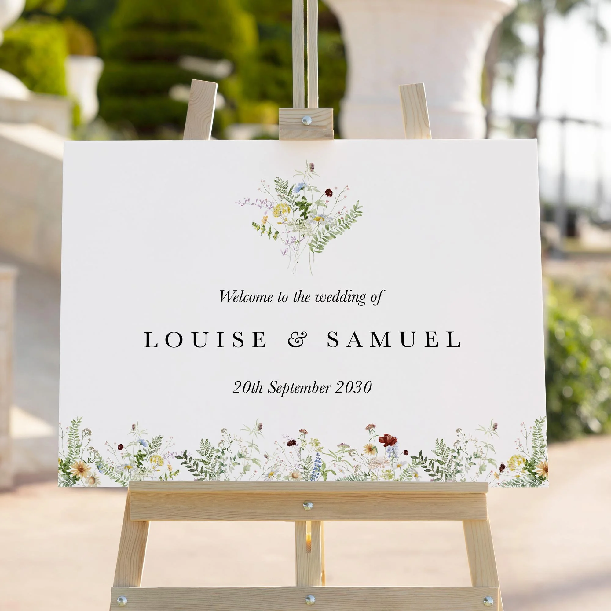 Meadow Flowers wedding welcome sign styled outdoors close-up