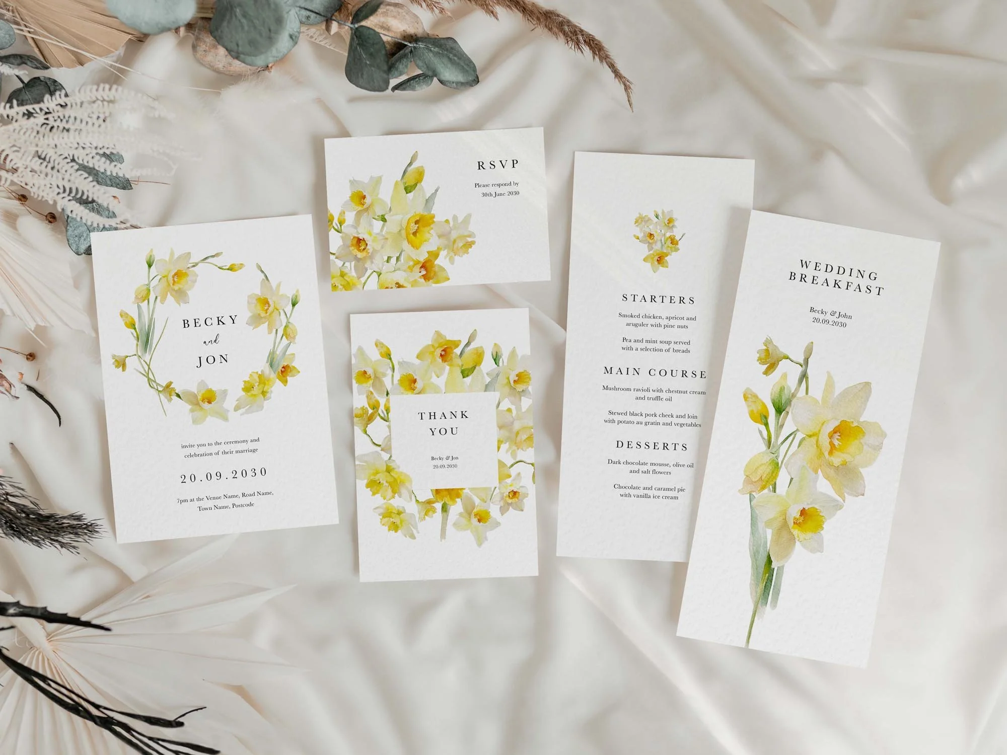 Spring wedding invitations set featuring yellow daffodils