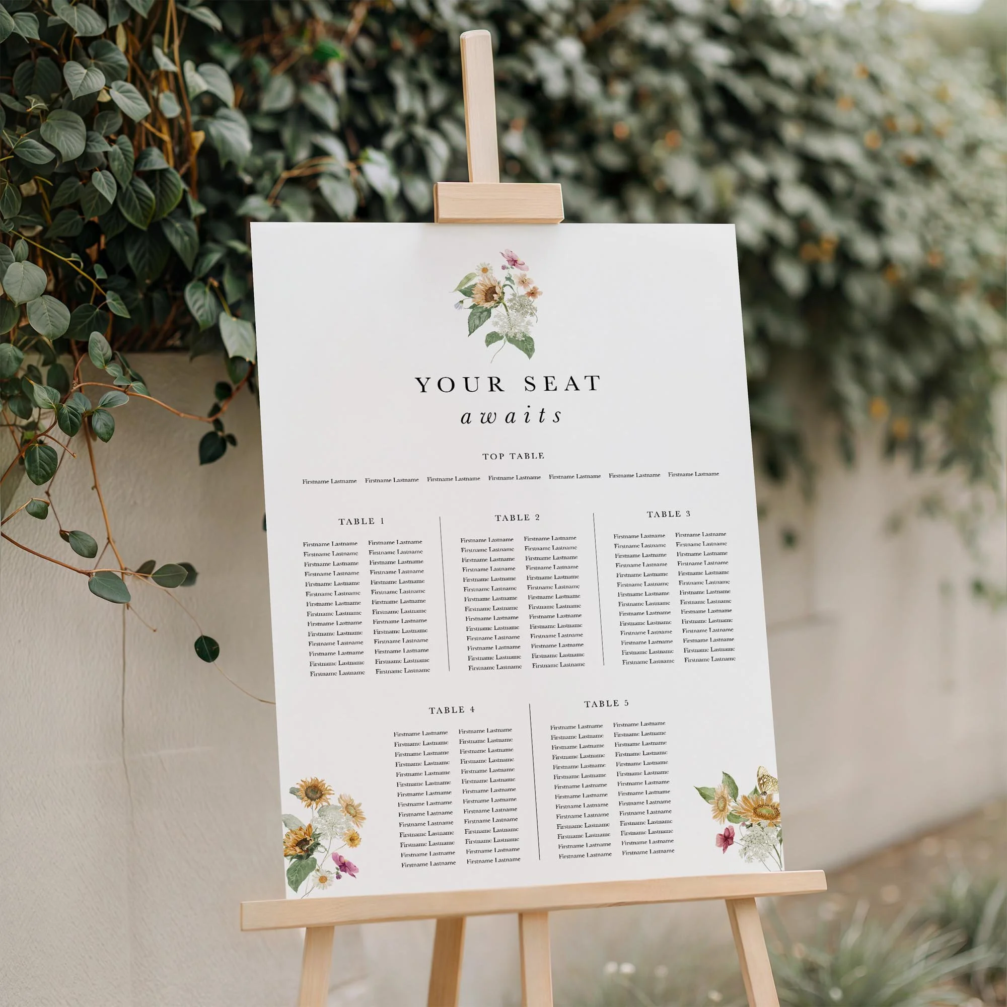 Autumn Sunflower Seating Table Plan Sign with a greenery background
