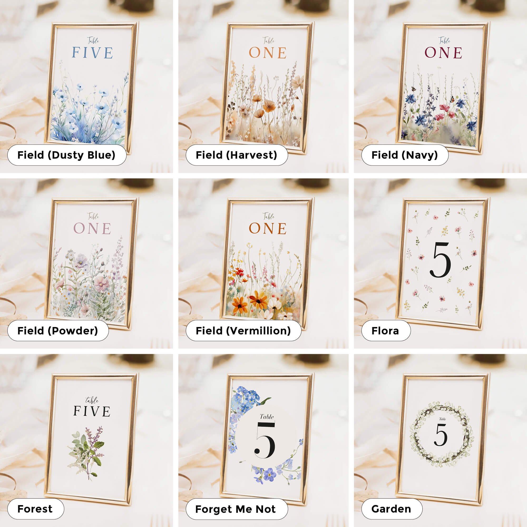 Wedding table number and table name card designs in a range of styles to suit different themes, including floral, modern, and minimal options