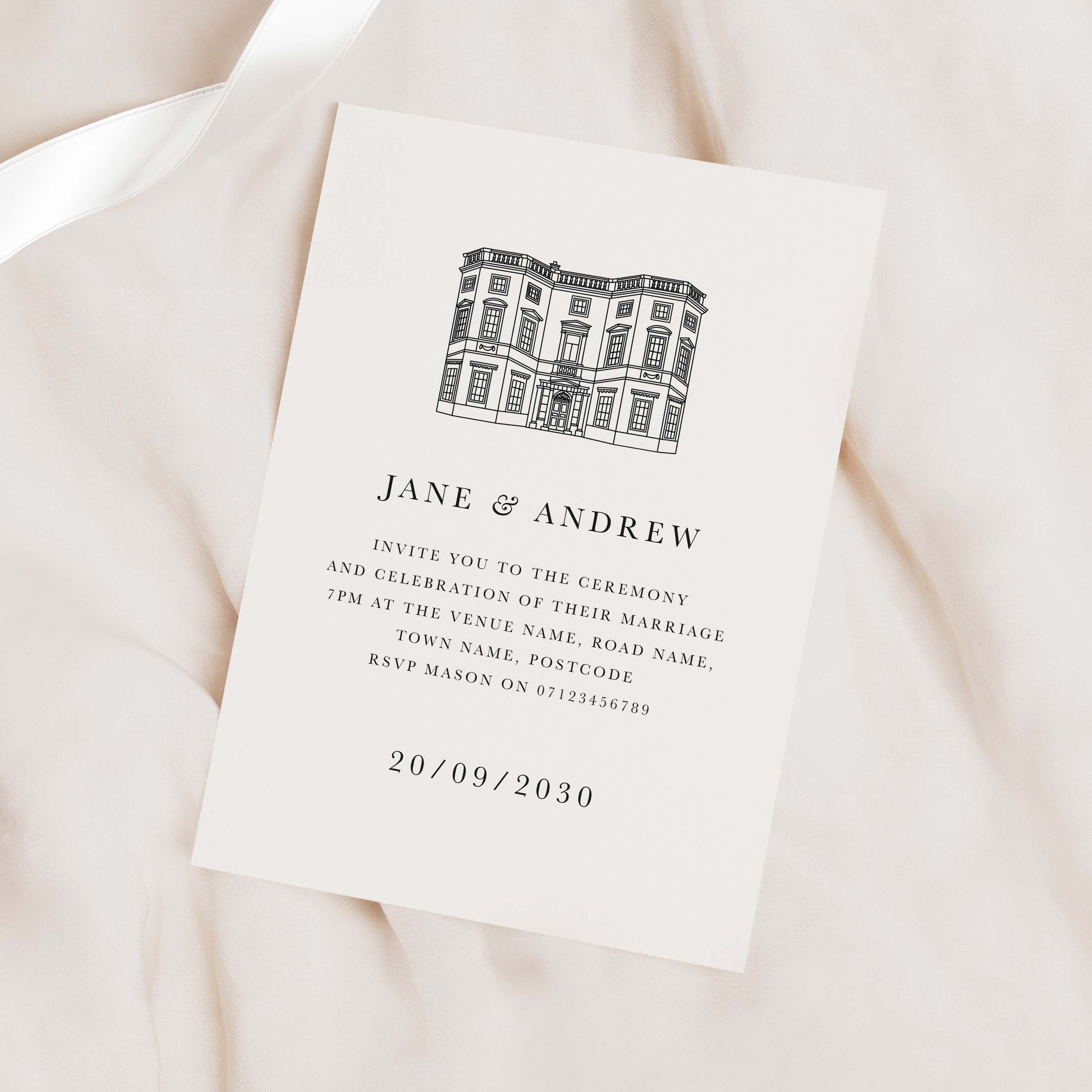Line drawn venue wedding invitation