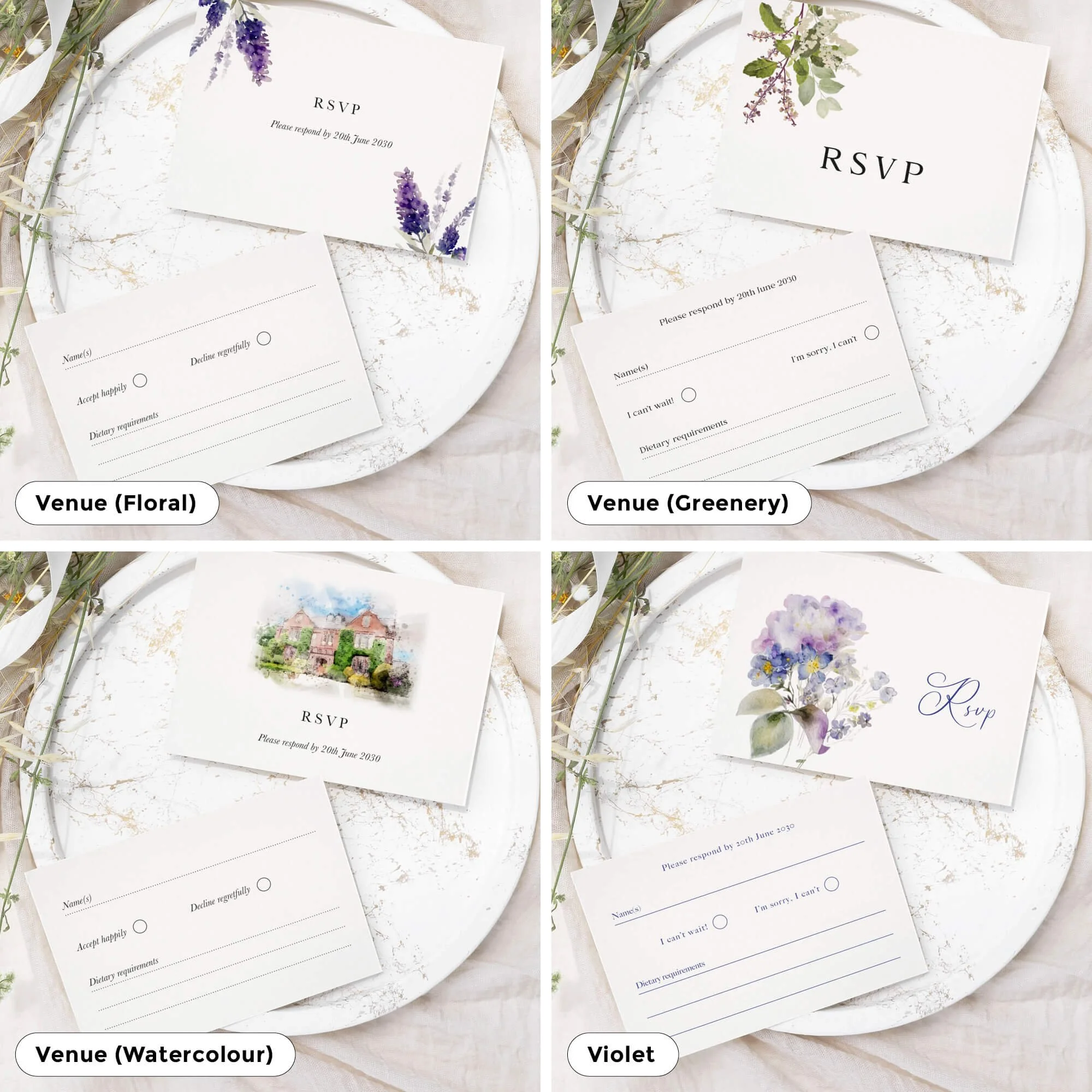 Minimalist wedding RSVP response card design for coordinating wedding invitations