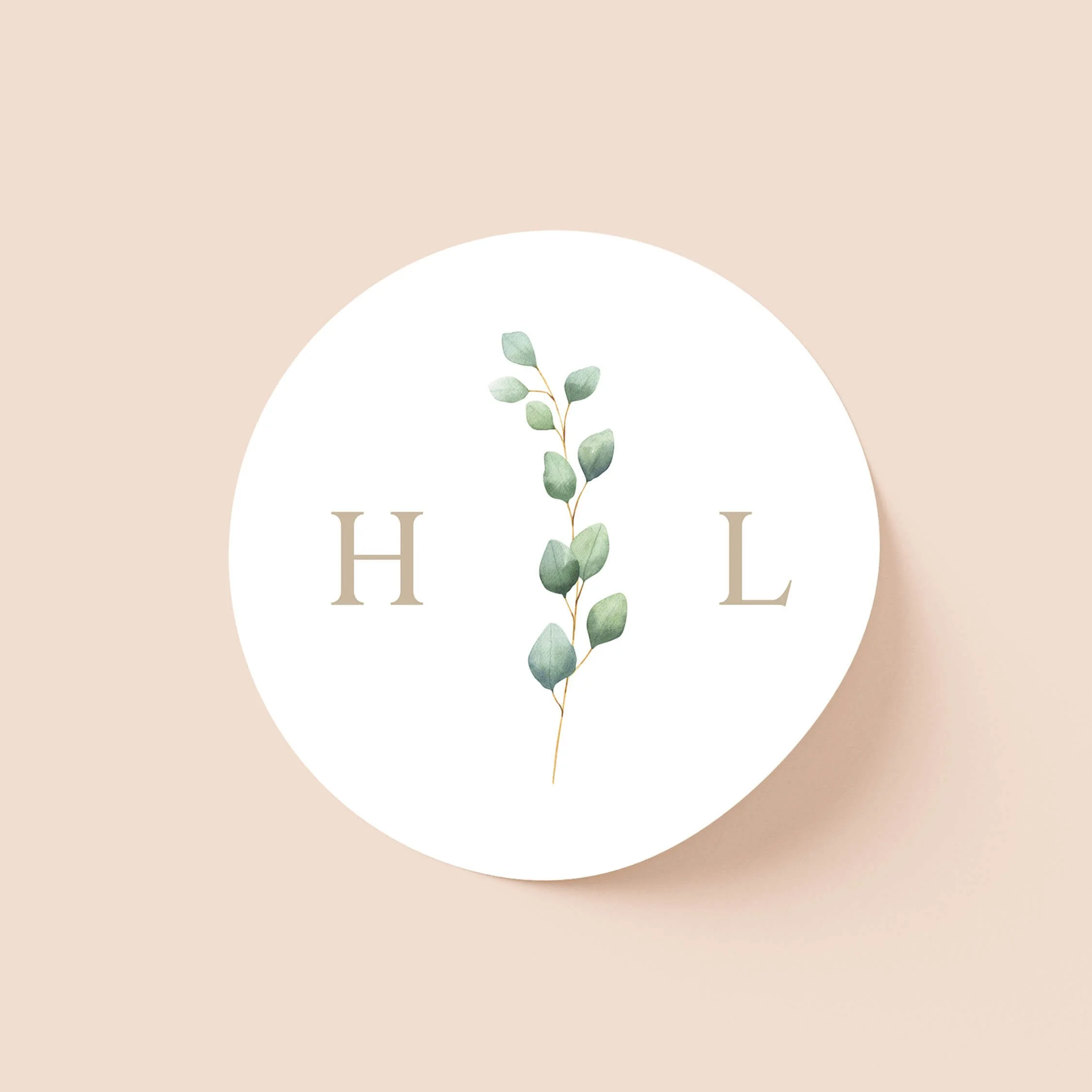 Eucalyptus Monogram wedding sticker with botanical stem and initials on round personalised seal