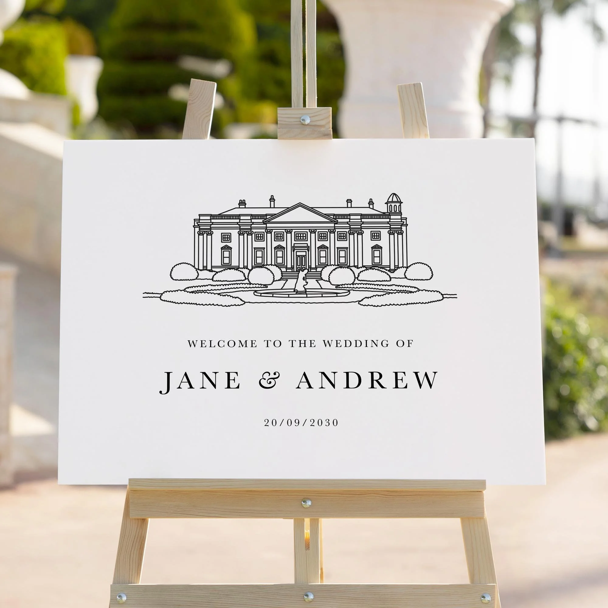Bespoke Venue Sketch wedding welcome sign styled outdoors close-up