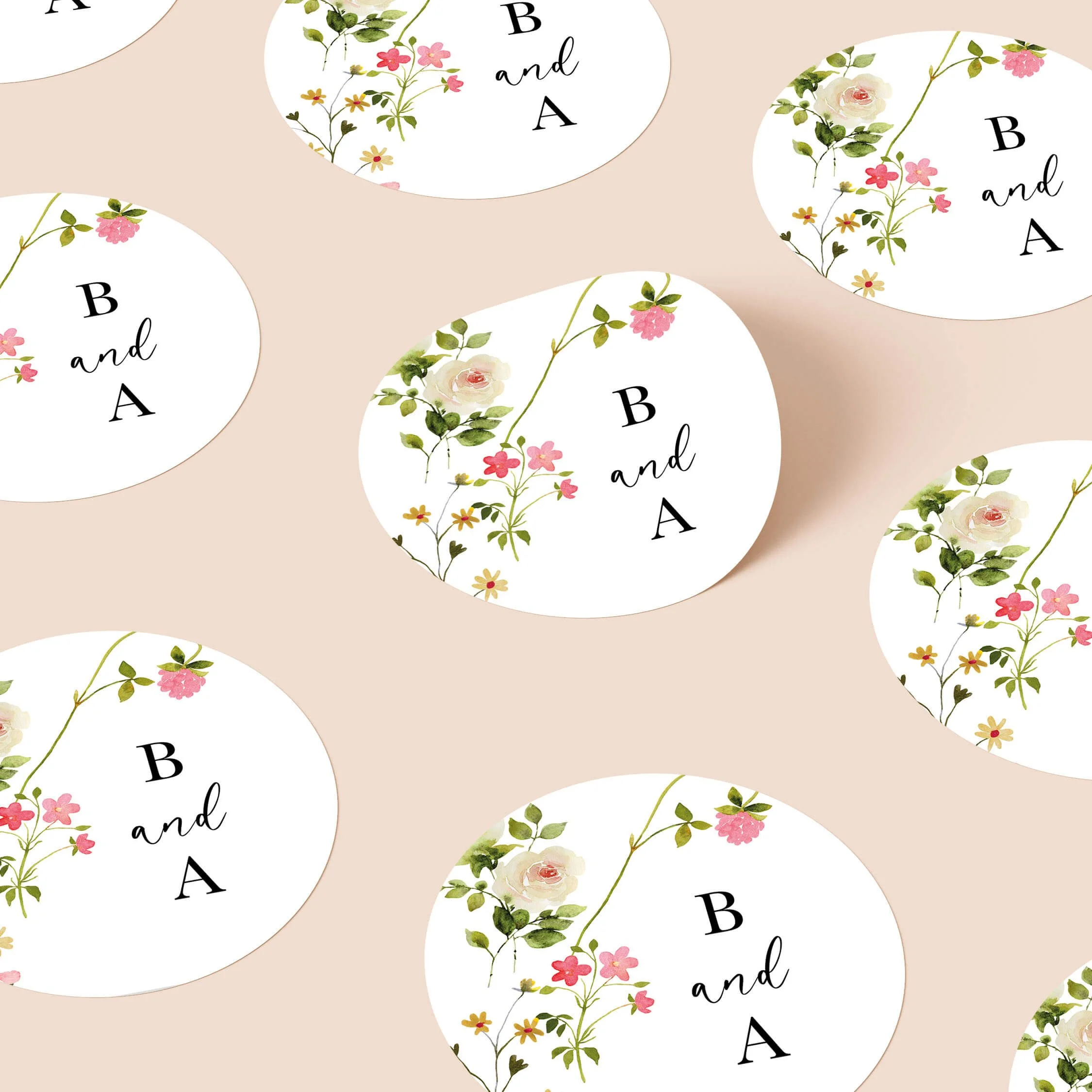Summer Floral personalised wedding stickers with pink and white rose botanical trailing design on round stickers