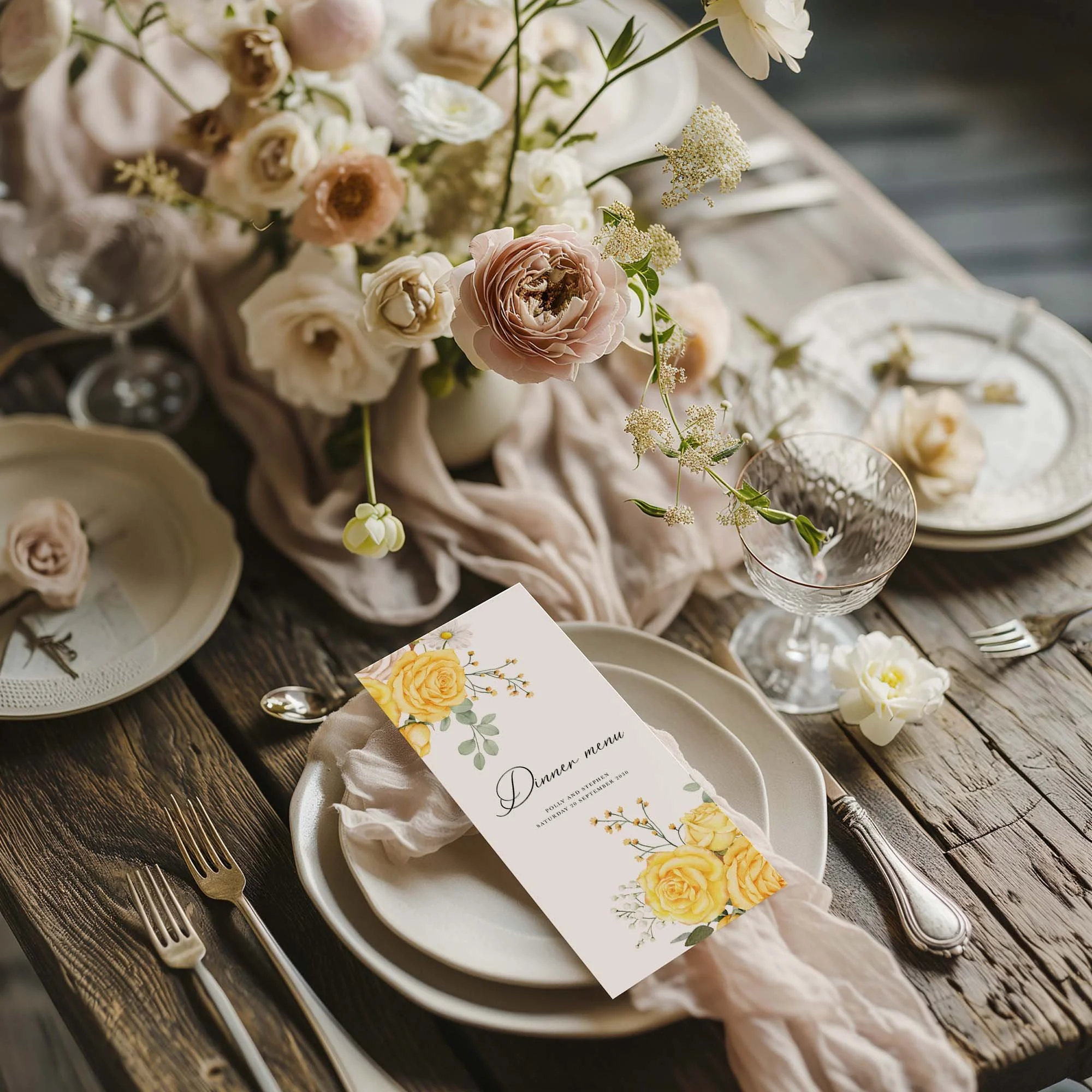 Yellow Rose wedding menu card styled on a wedding table setting with tableware and décor
