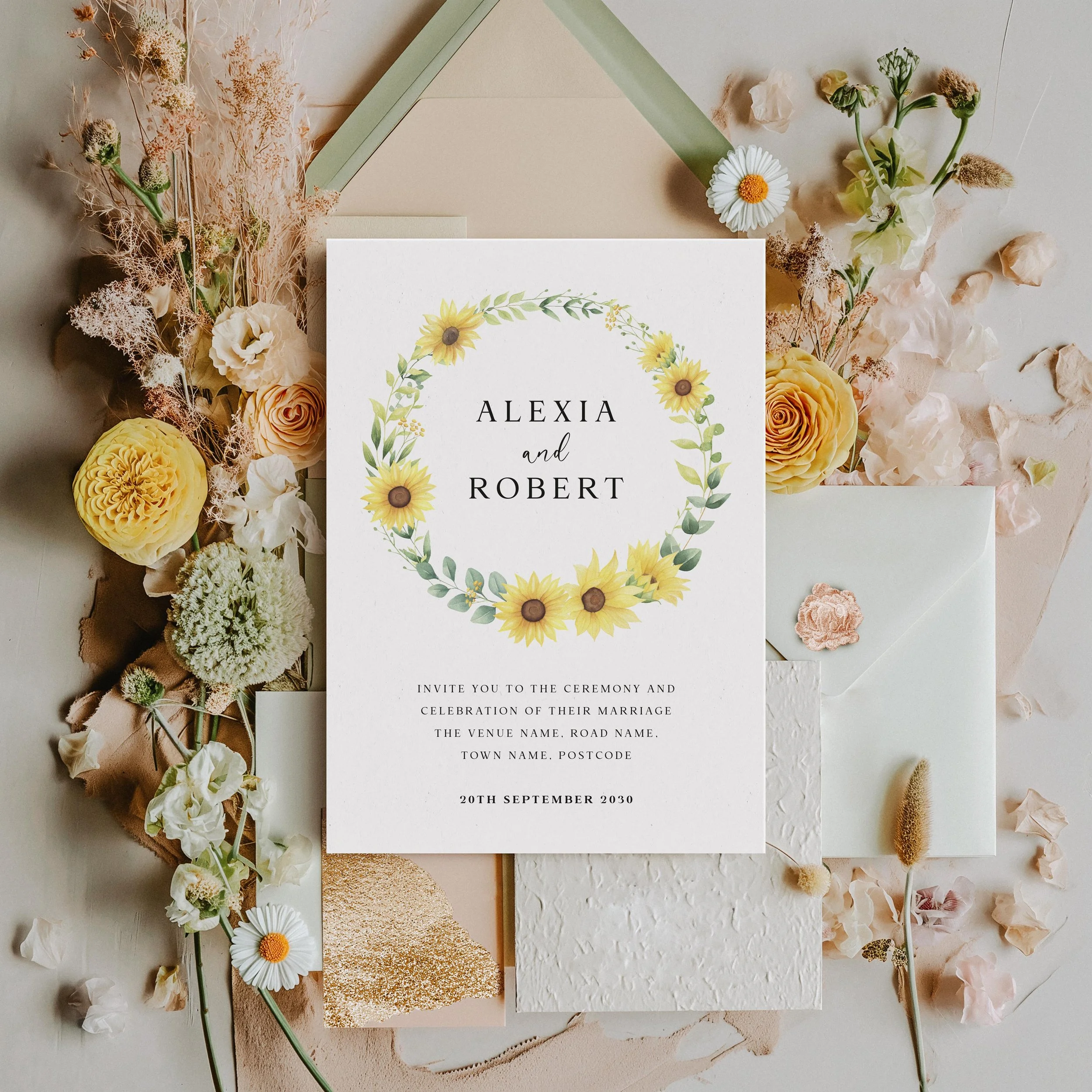 Watercolour floral wedding invitation with a sunflower design, surrounded by yellow flowers and stationery details