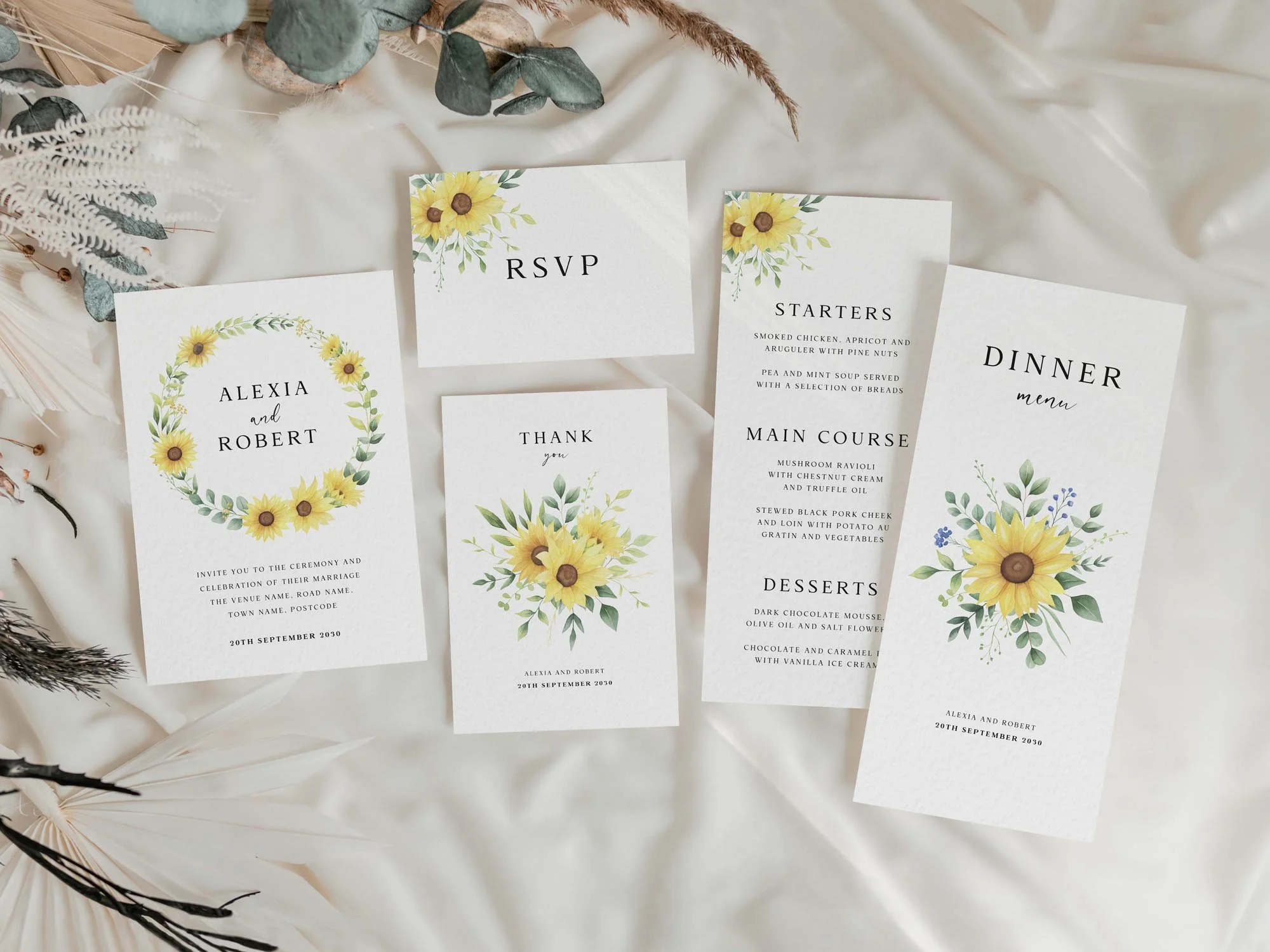 Yellow sunflower themed wedding invitation suite