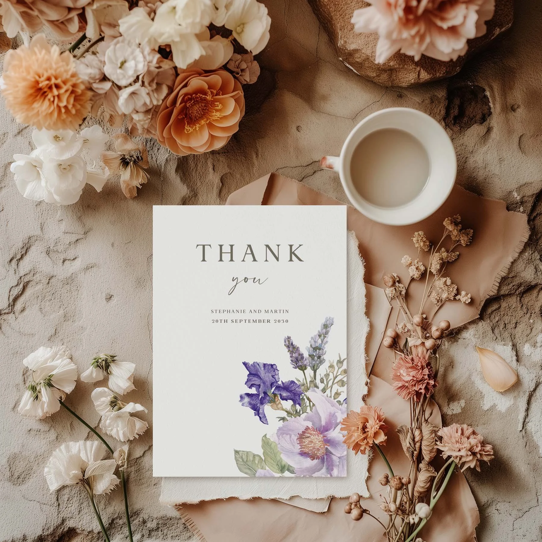 Lilac Floral wedding thank you card styled with flowers and stationery details
