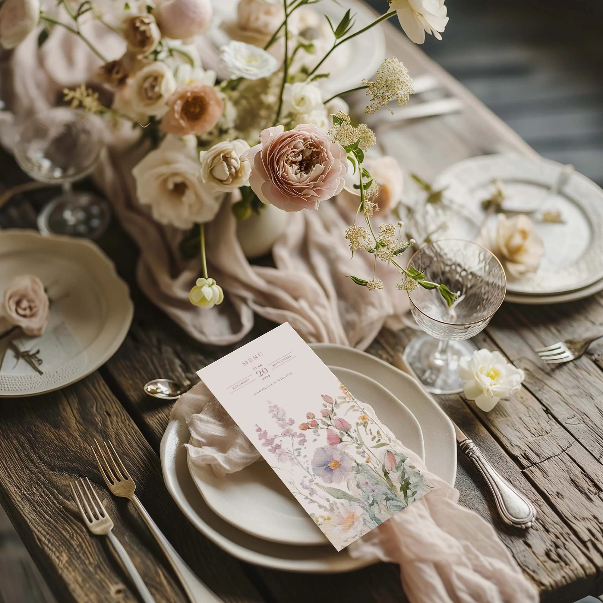 Dusty Pink Wildflower wedding menu card styled on a wedding table setting with tableware and décor