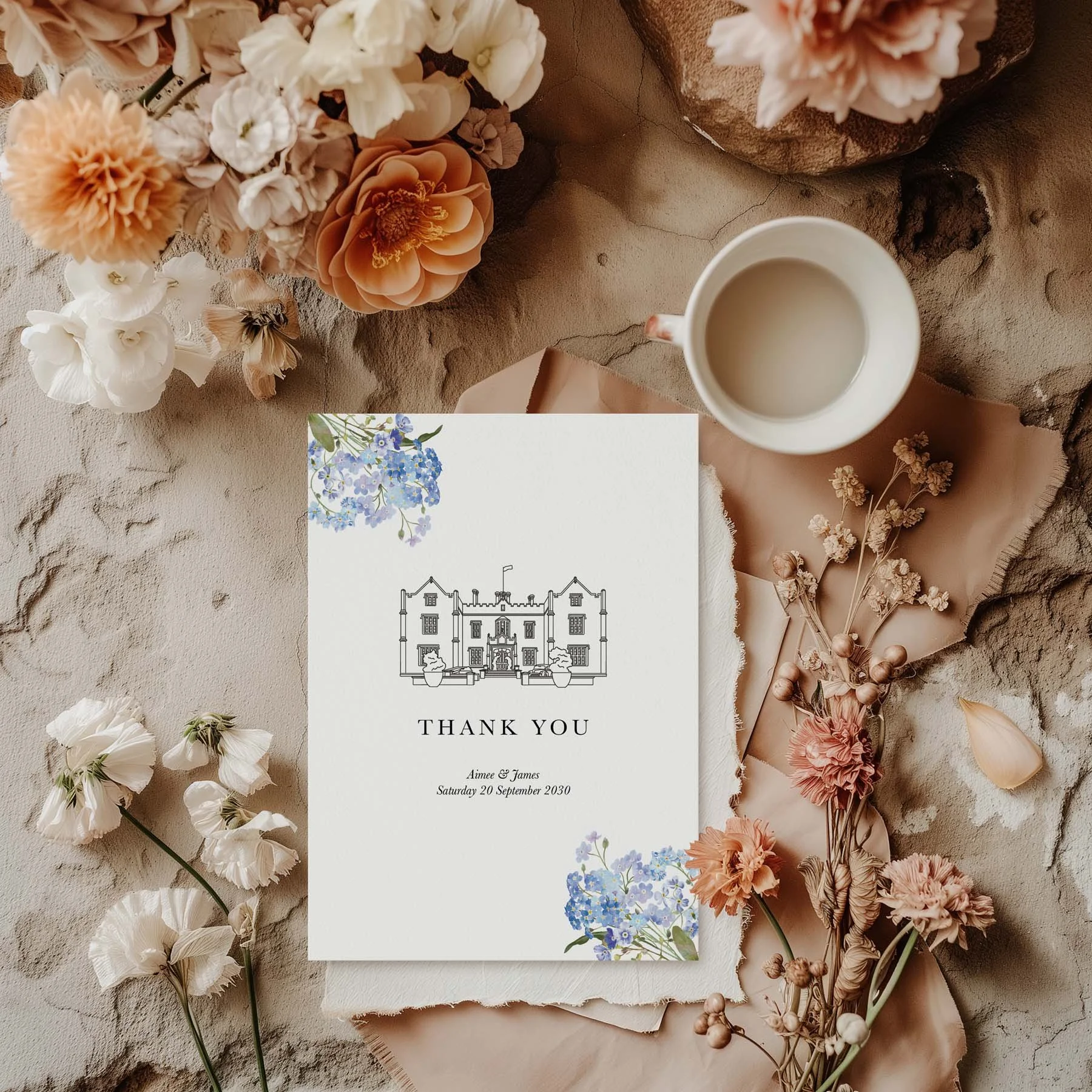 Bespoke Venue Illustration and Florals wedding thank you card styled with flowers and stationery details