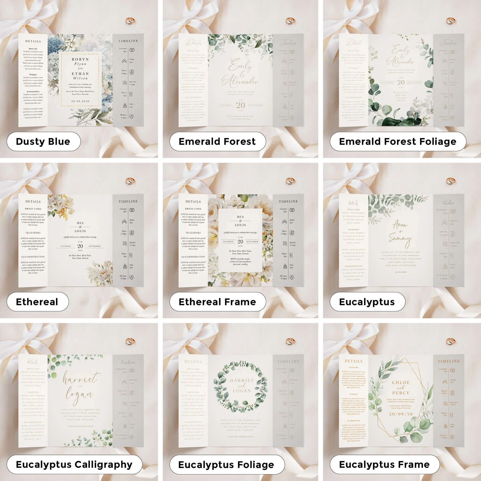 A5 size gatefold invitations in a variety of designs