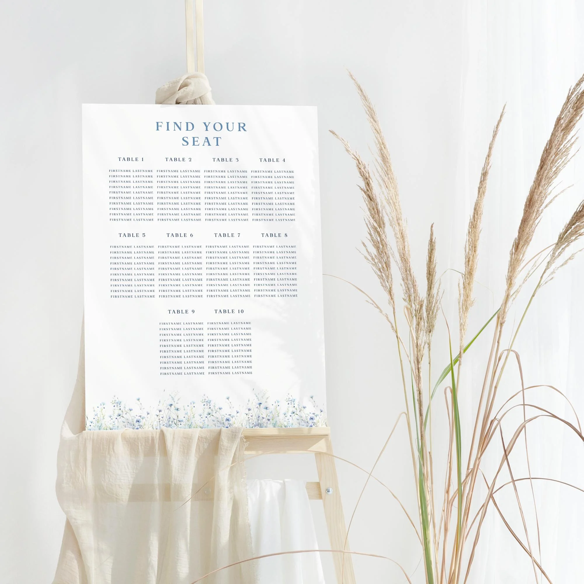Dusty Blue Field wedding table plan board seating chart sign
