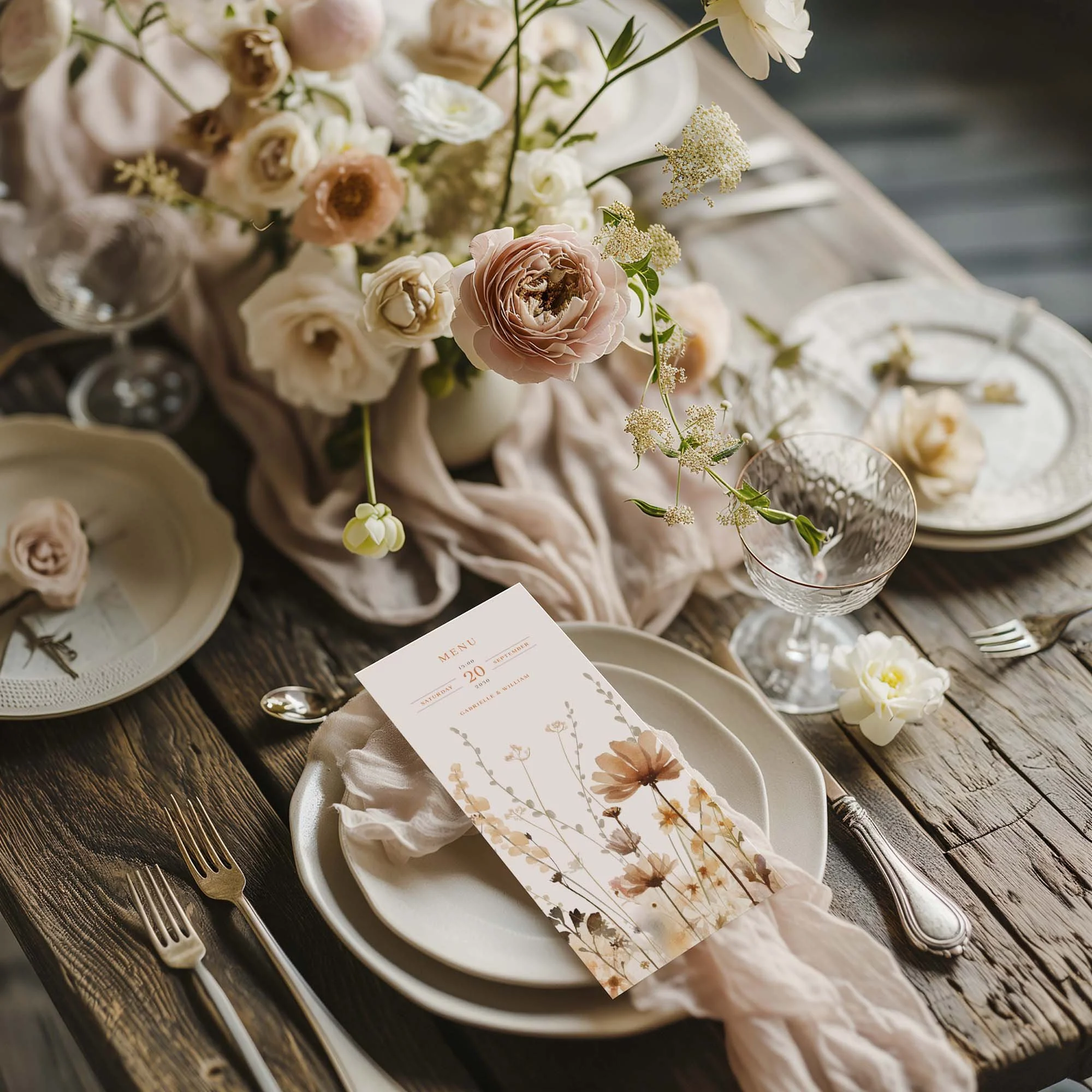 Earth Tone Wildflowers wedding menu card styled on a wedding table setting with tableware and décor