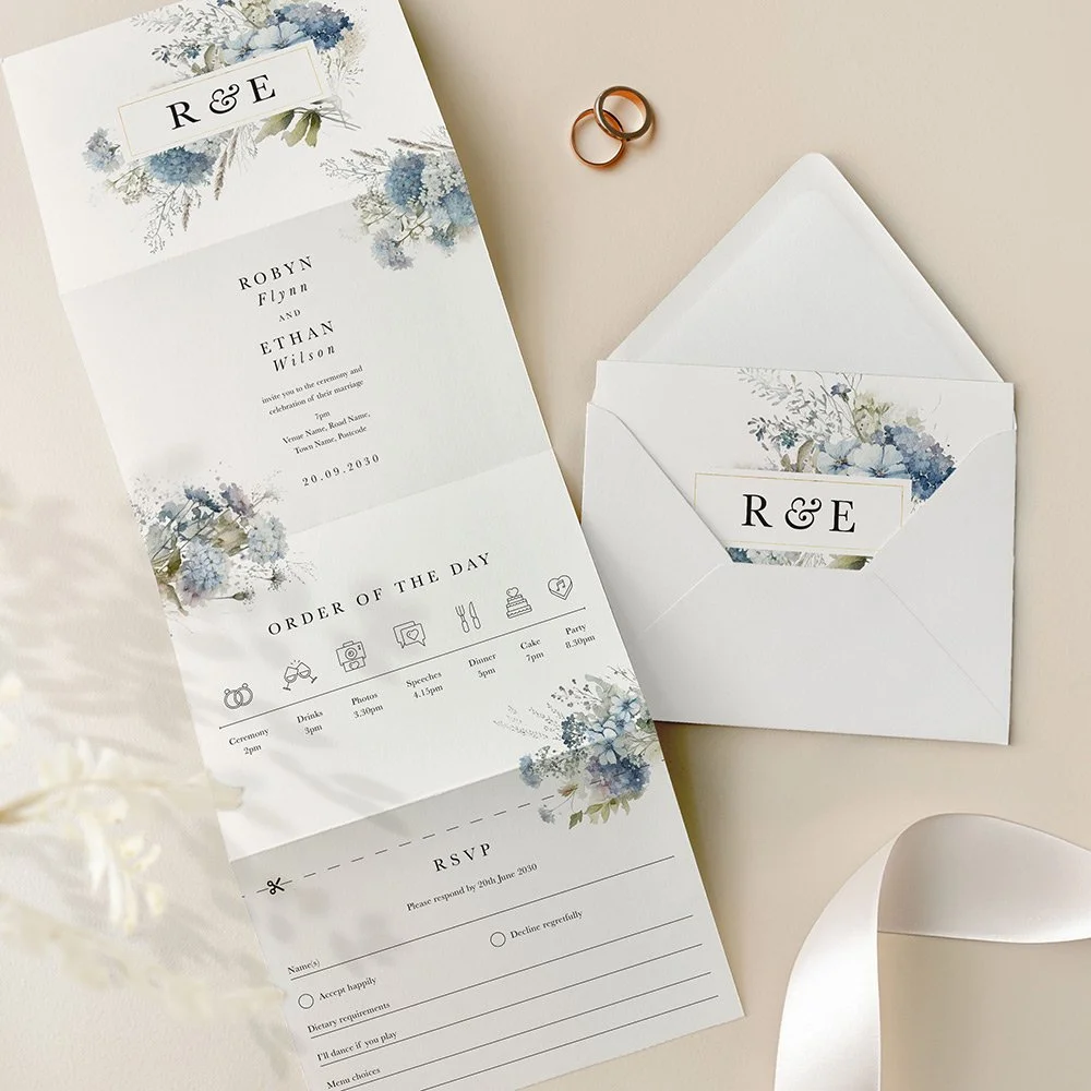 Dusty Blue Floral Concertina Wedding Invites
