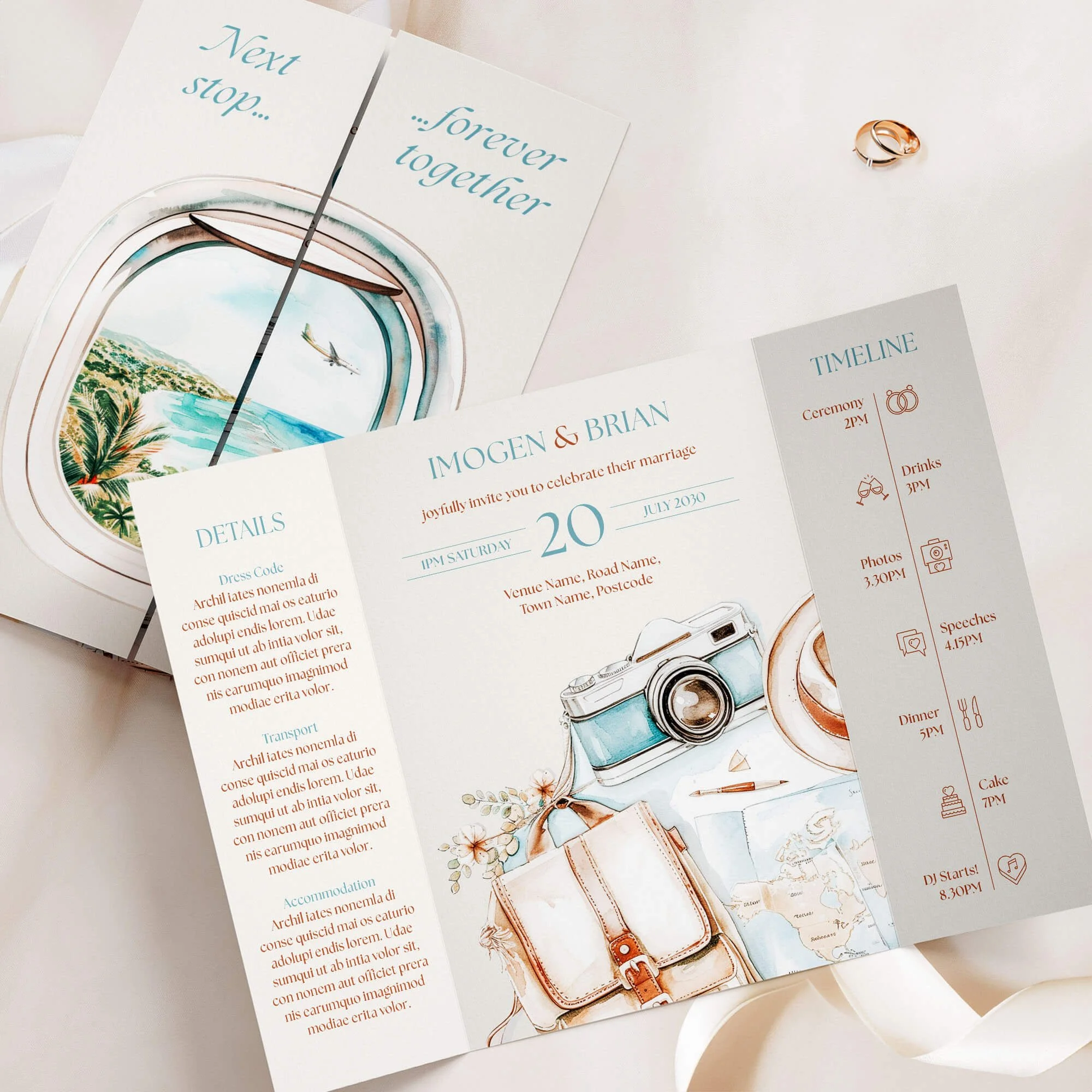 Travel-themed gatefold wedding invitation with watercolour camera and adventure illustrations in blue