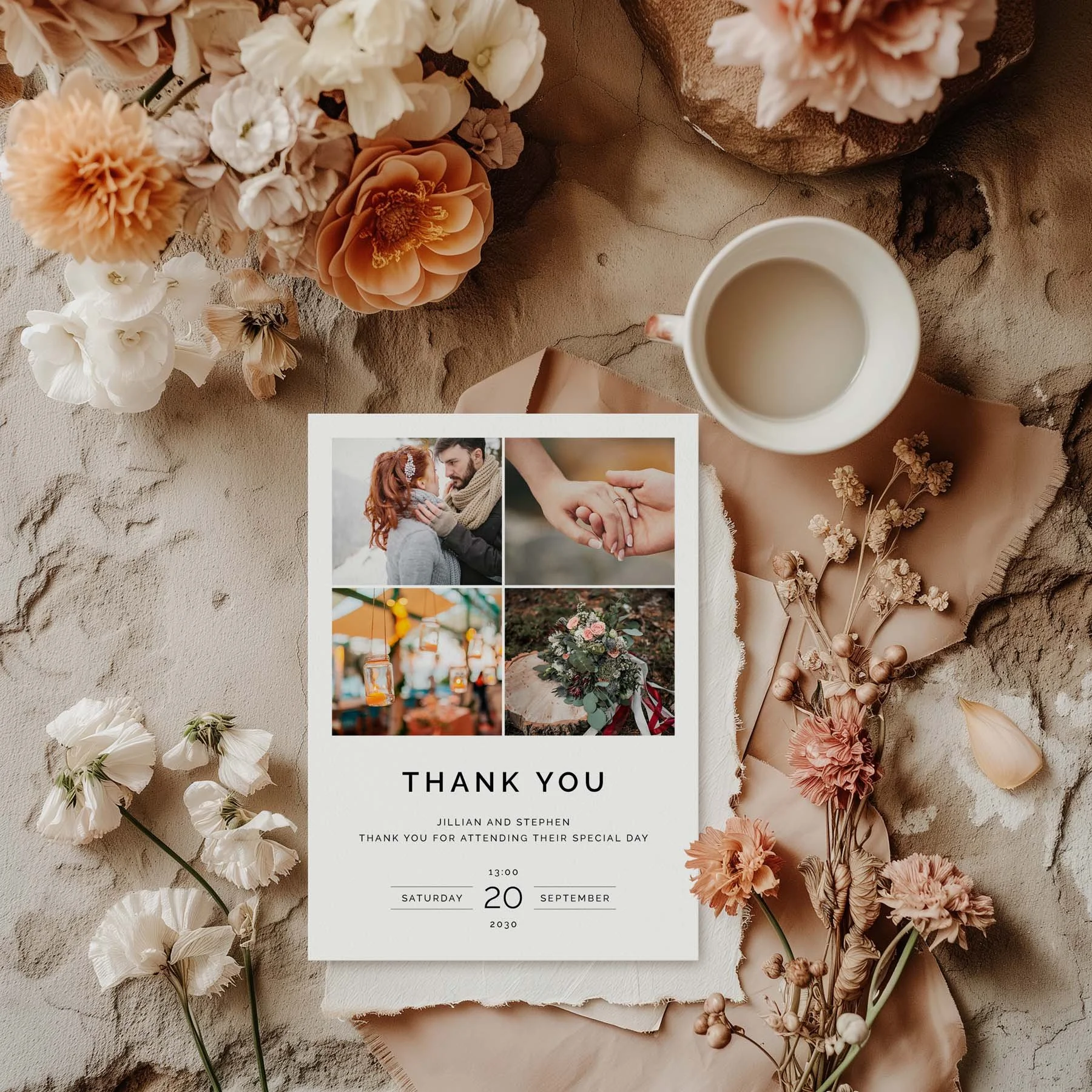 Photo Gallery wedding thank you card styled with flowers and stationery details