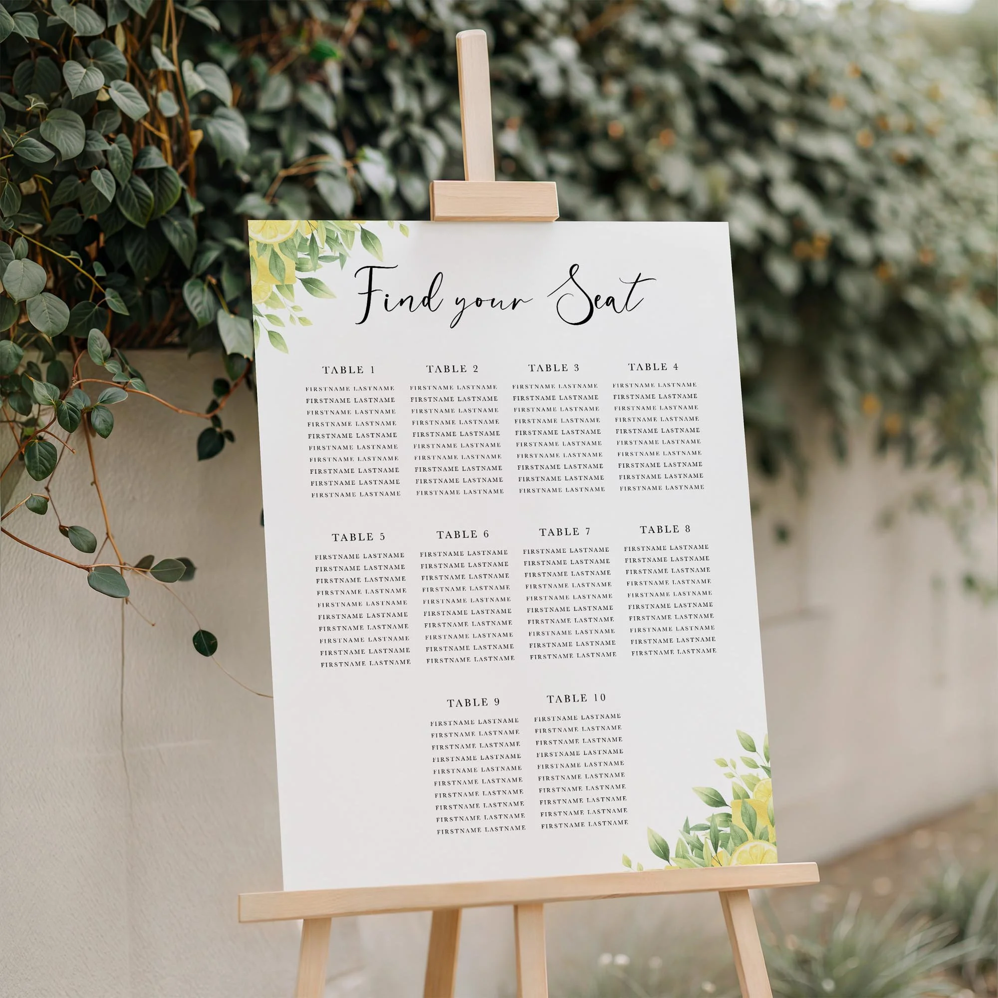 Close-up of the Lemon wedding seating plan board displayed outdoors