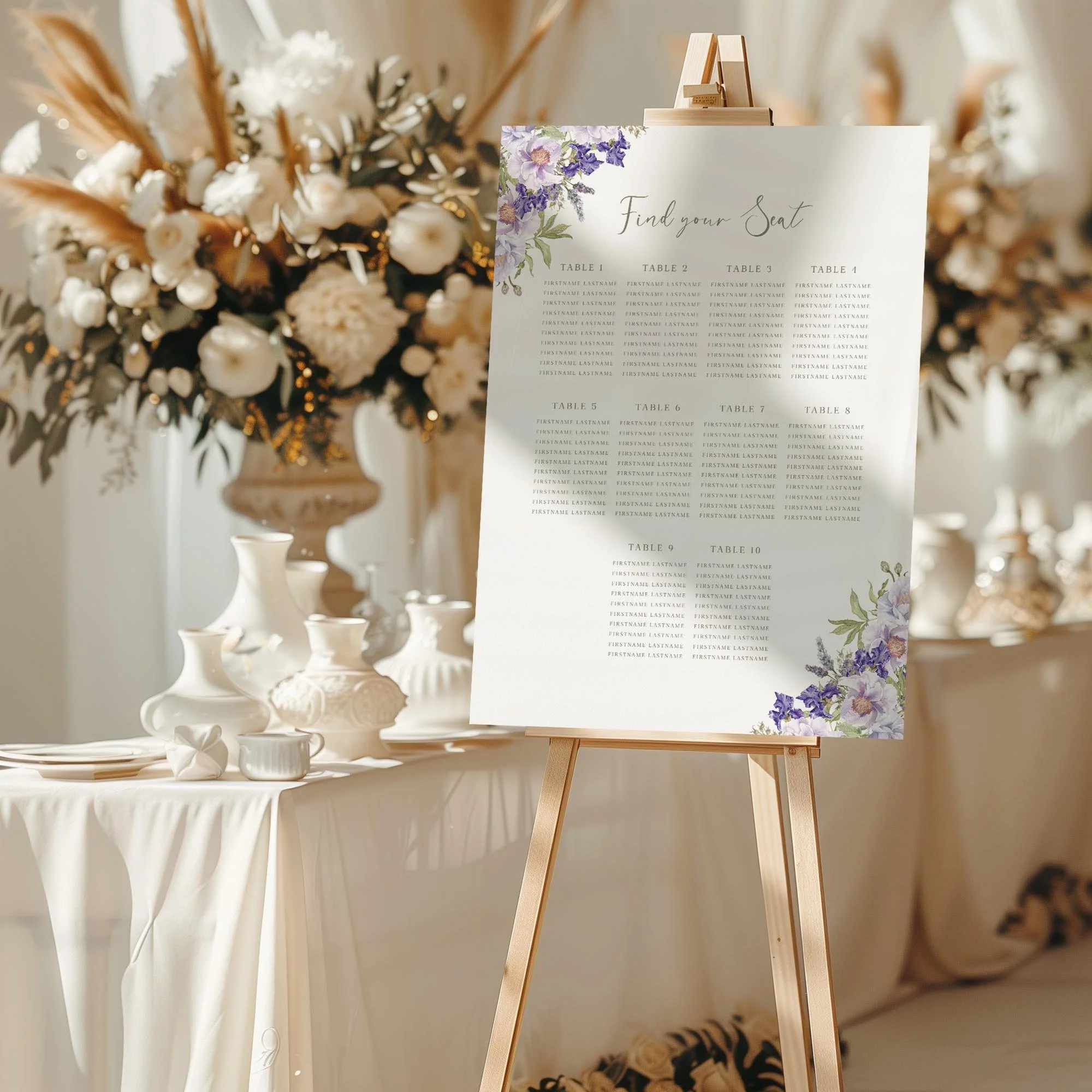 Purple Floral wedding seating chart sign styled at a reception