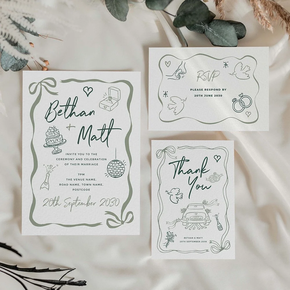 Whimsical wedding stationery with soft green botanical illustrations and elegant calligraphy, perfect for romantic garden weddings.