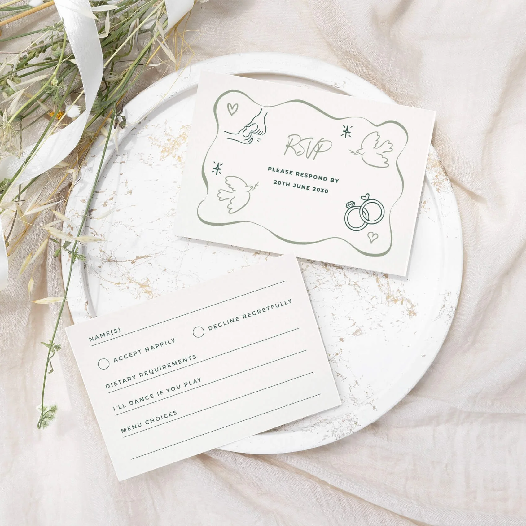 Whimsical Green wedding RSVP card with sage green hand-drawn line-art illustration on luxury off-white card