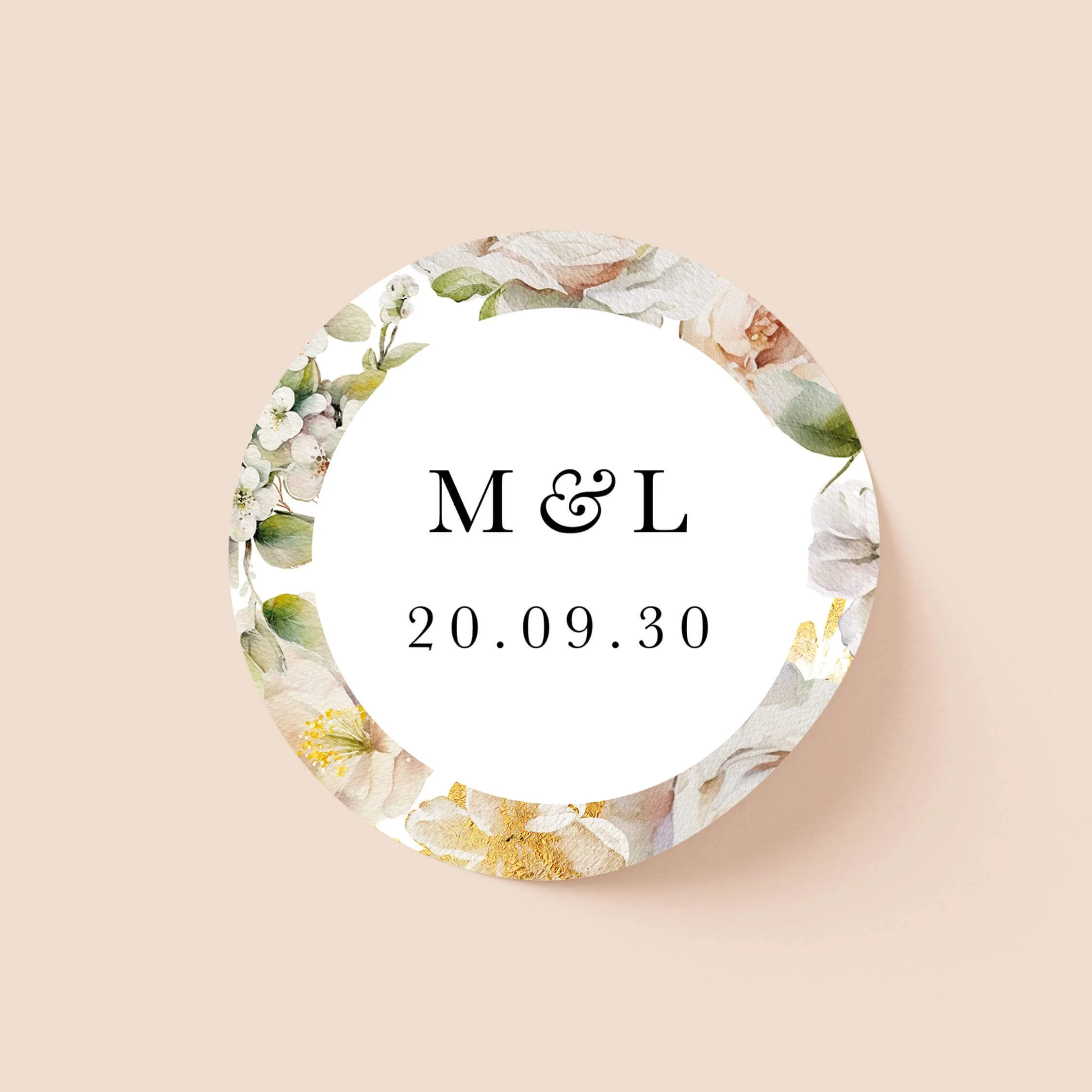 Ethereal wedding sticker with soft neutral floral border and initials on round personalised seal
