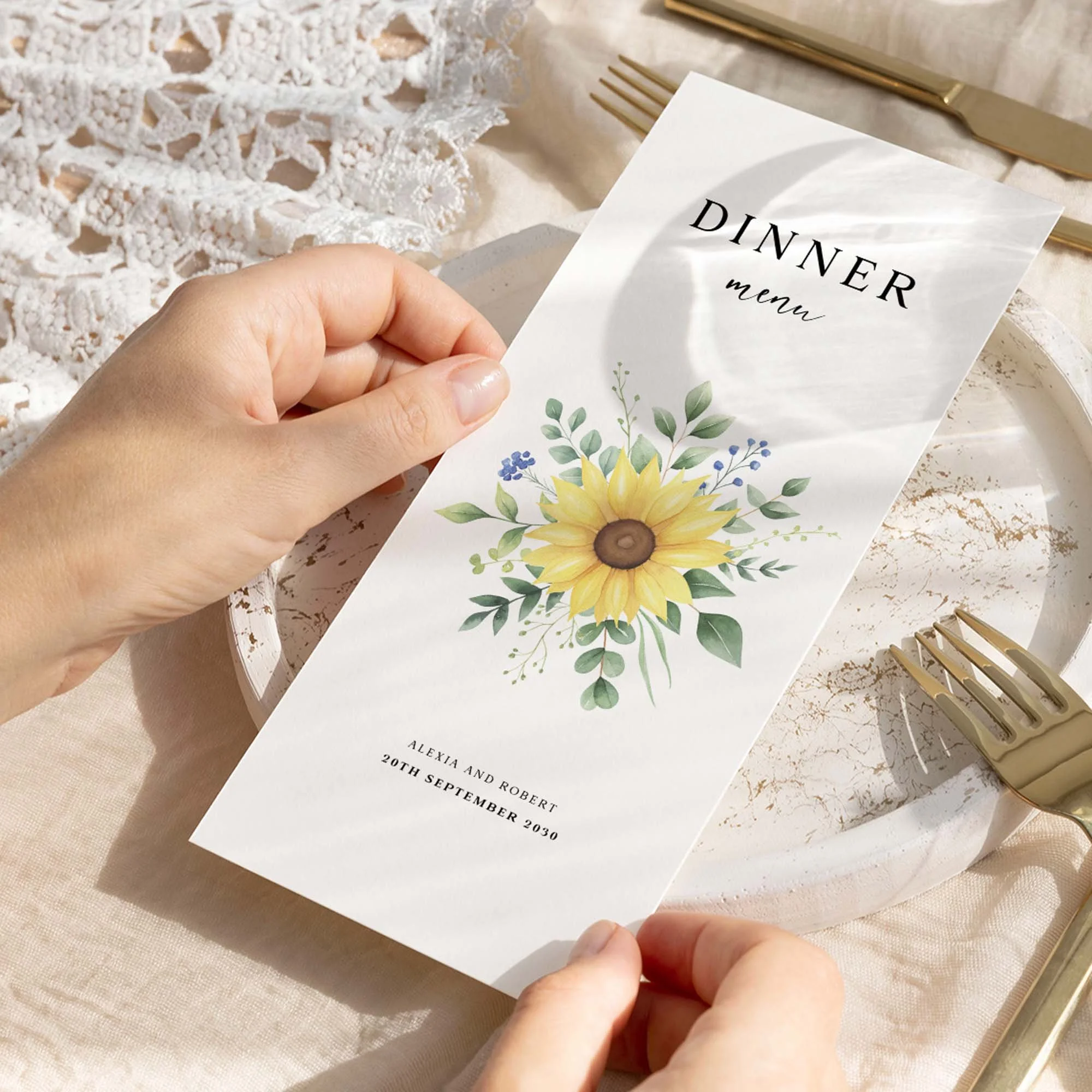 Hand holding Sunflower Bouquet wedding menu card showing size and printed design details