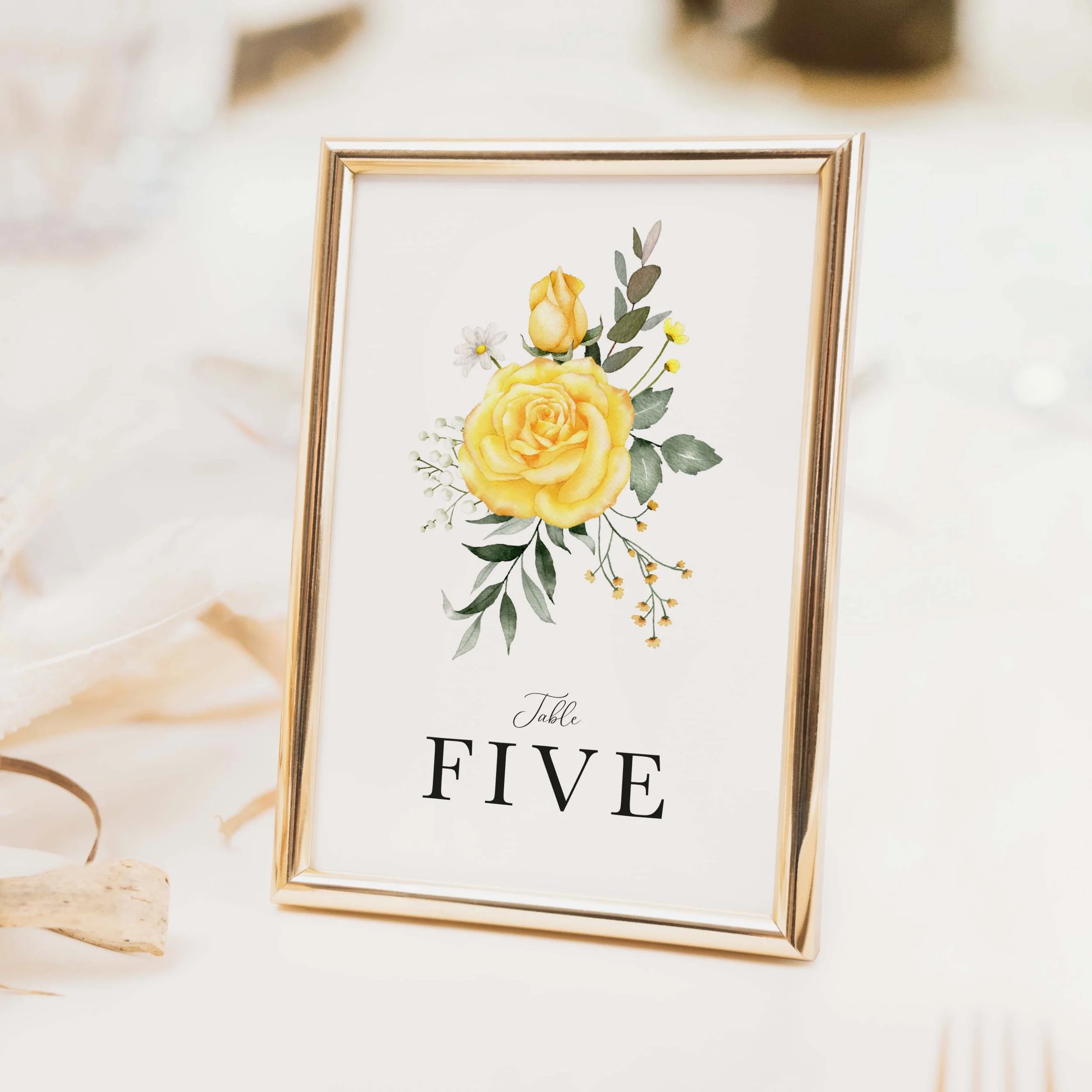 Summer Rose wedding table number with soft yellow rose botanical illustration and clean modern table typography on luxury off-white card
