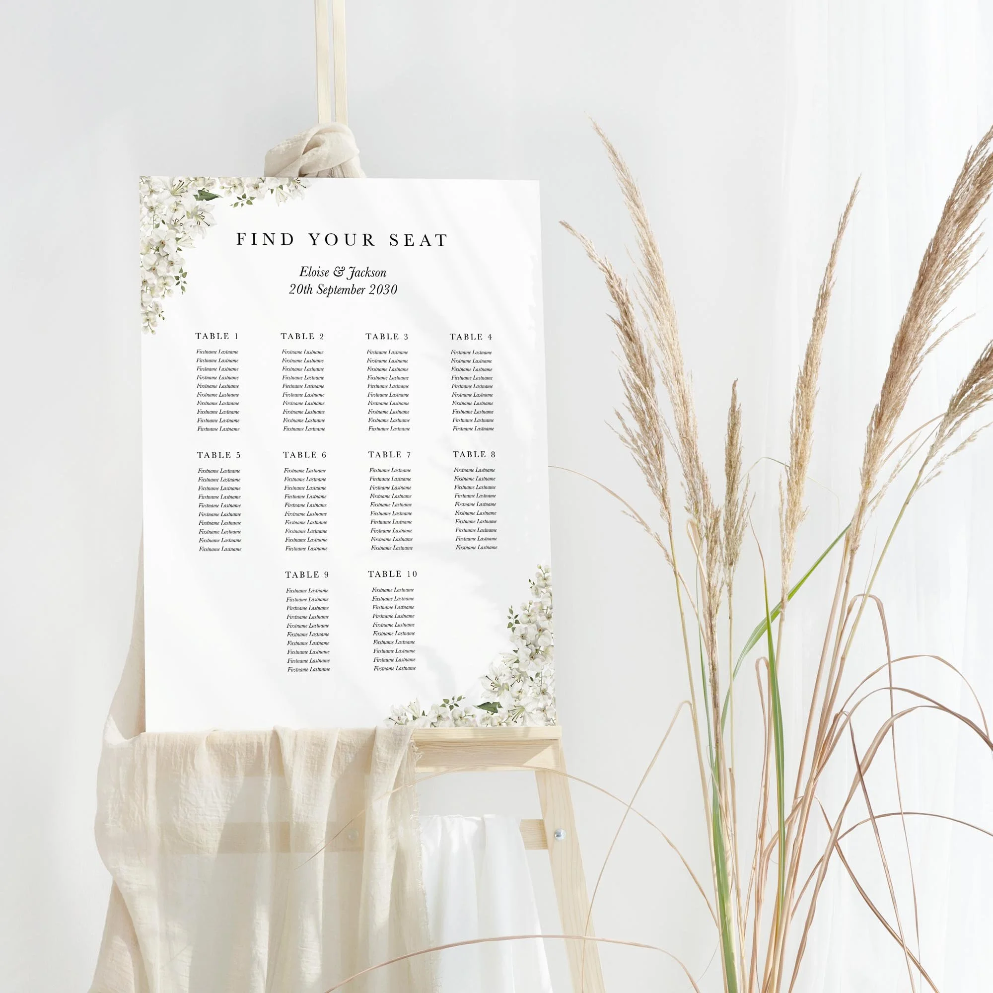 White Lily wedding table plan board seating chart sign