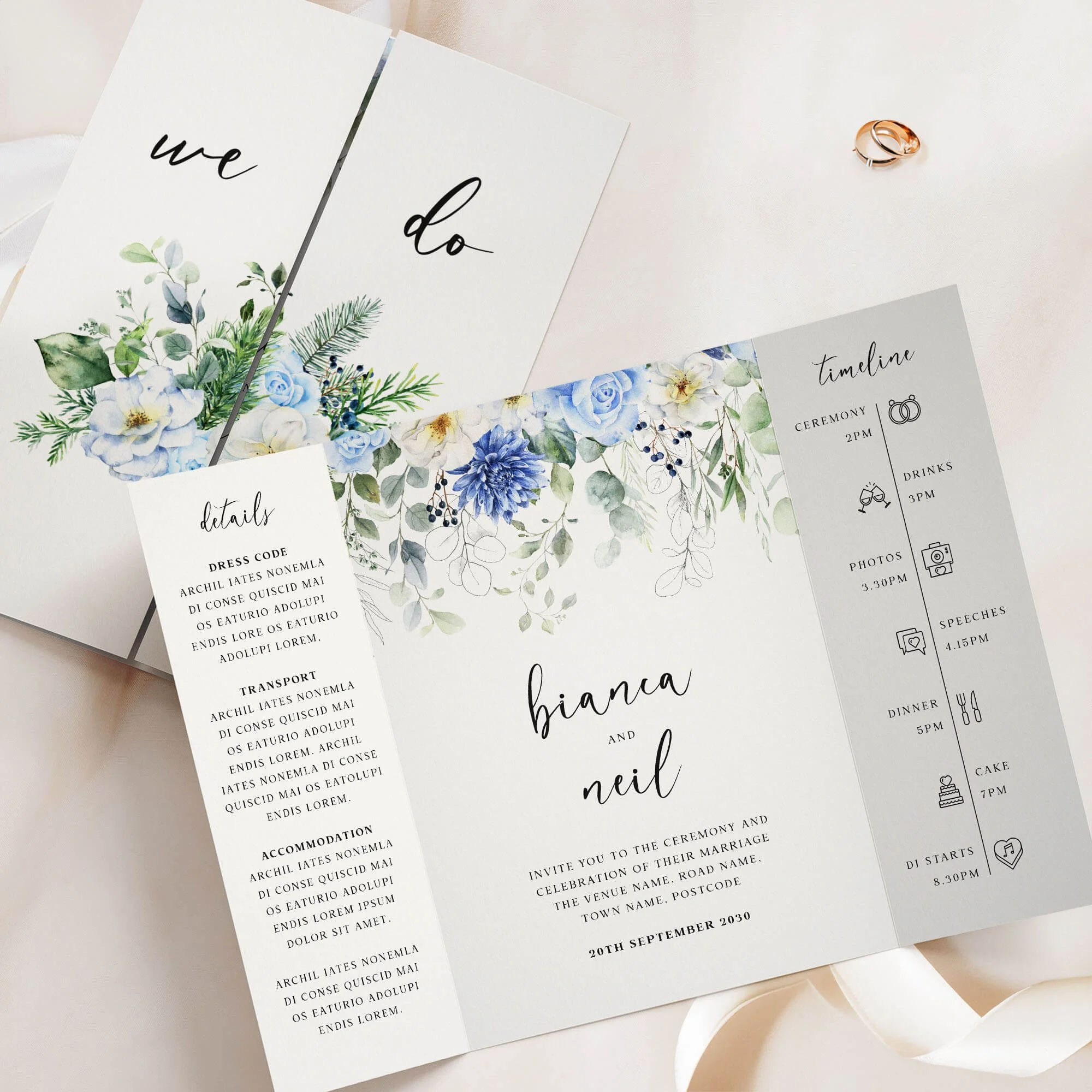 The Blue Floral (Calligraphy) Gatefold Wedding Invitation