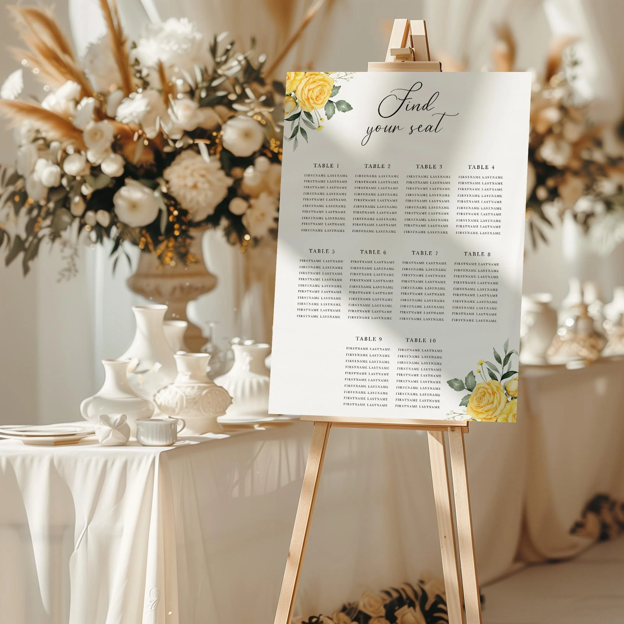 Yellow Rose wedding seating chart sign styled at a reception