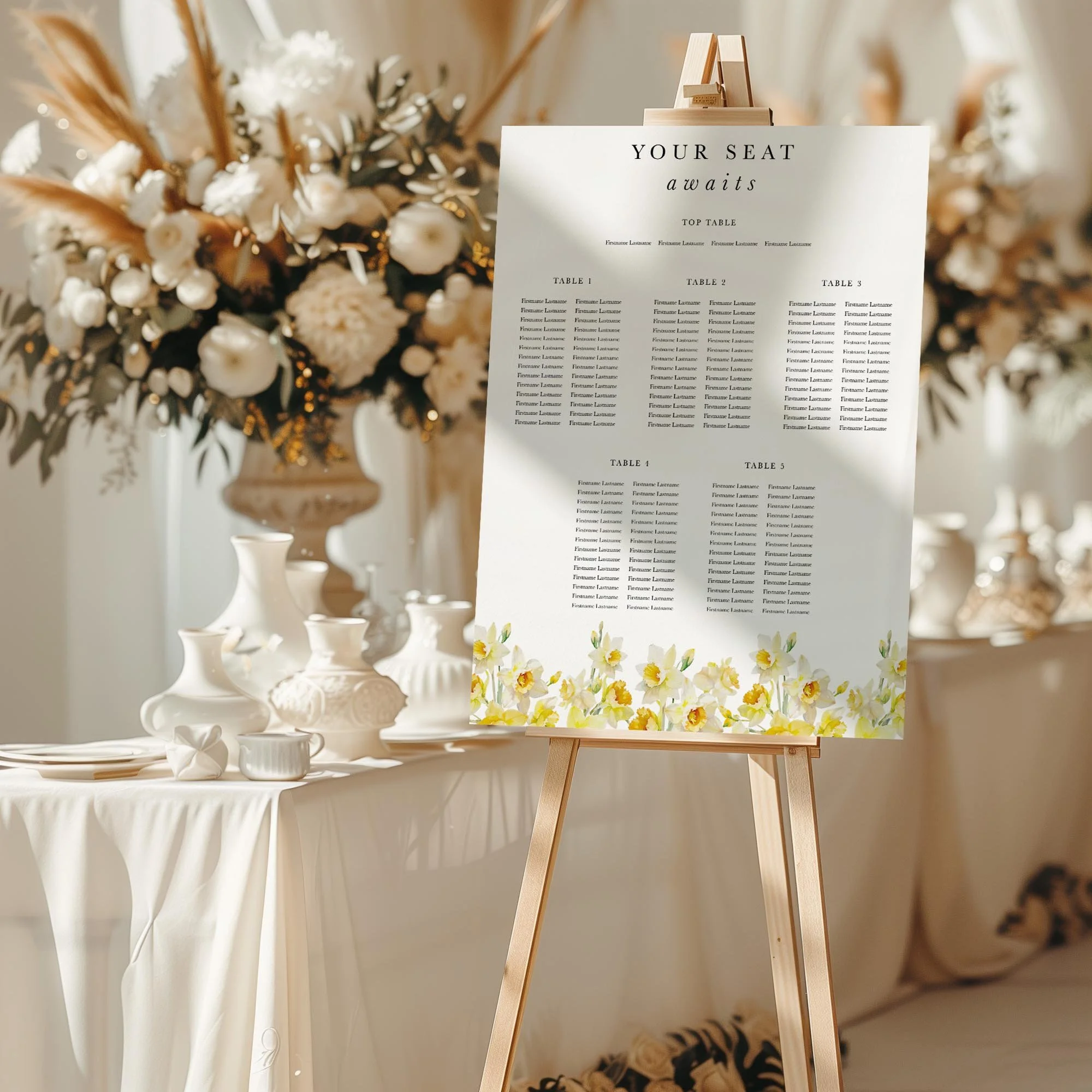 Daffodil wedding seating chart sign styled at a reception