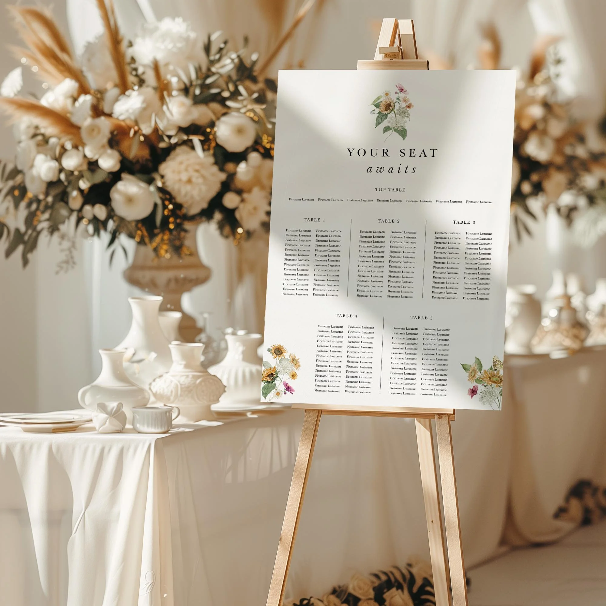 Autumn Sunflower Wedding Table Plan Board in an easel styled for a wedding
