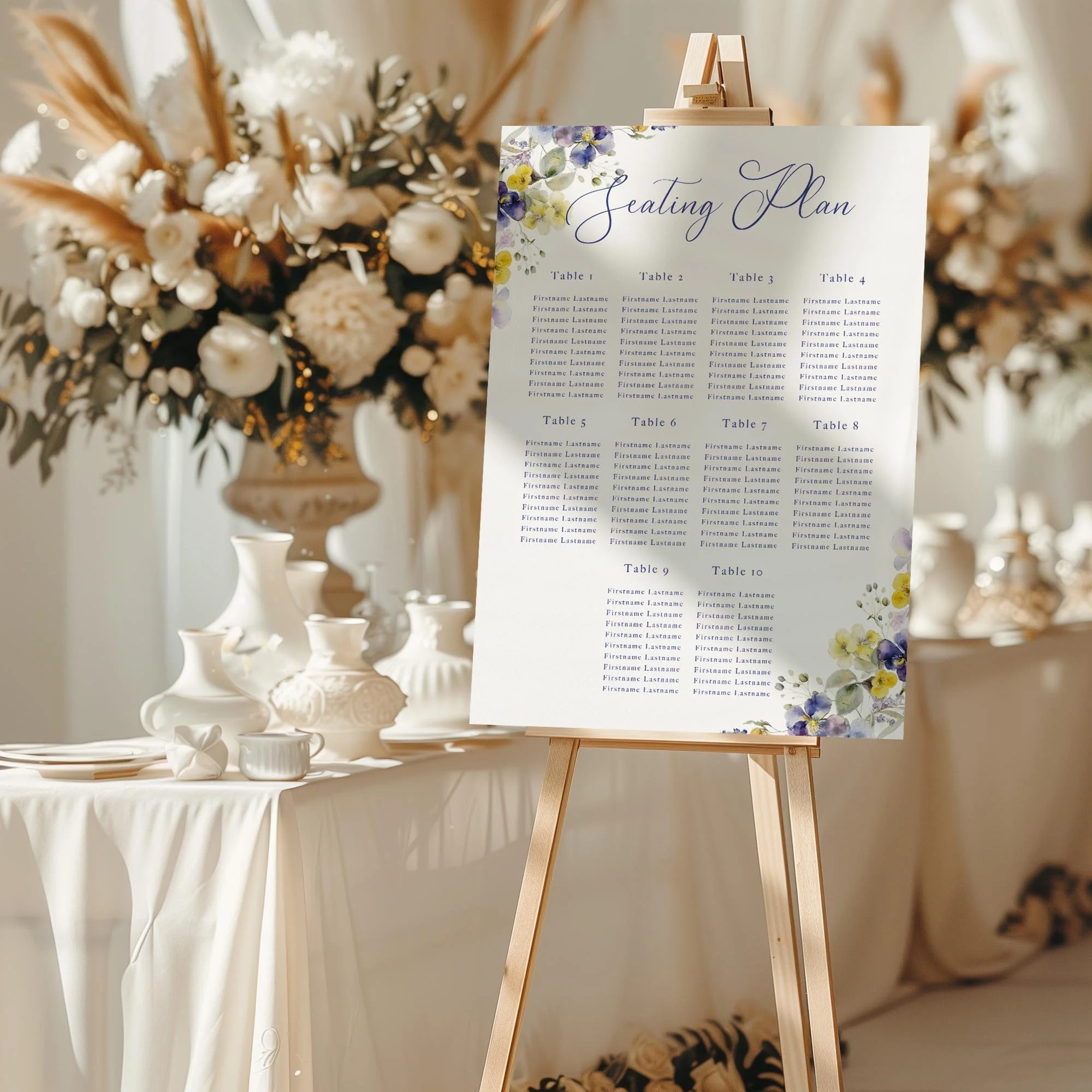 Violet and Yellow Floral wedding seating chart sign styled at a reception