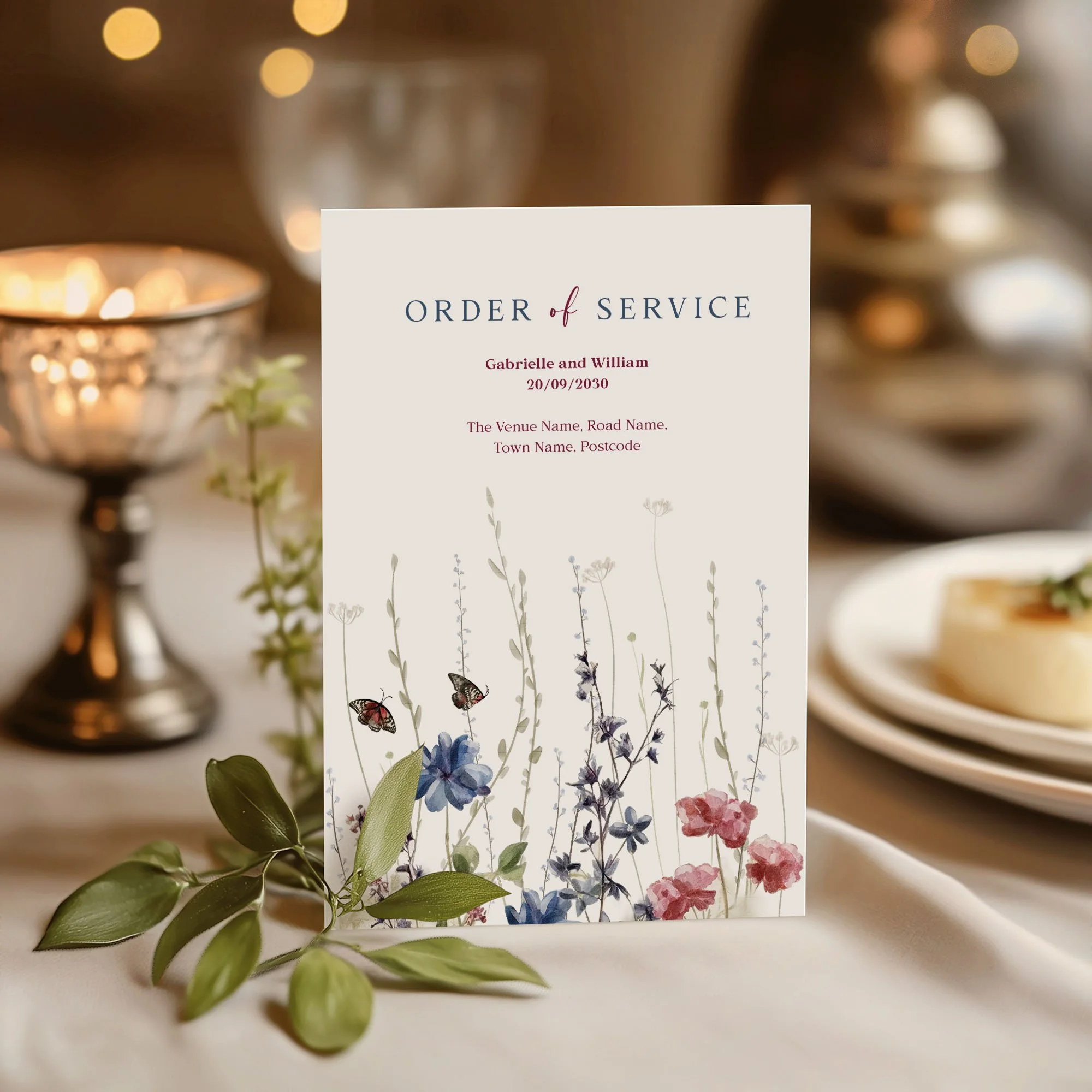 Field Navy blue and Red wedding order of service on a wedding day displayed